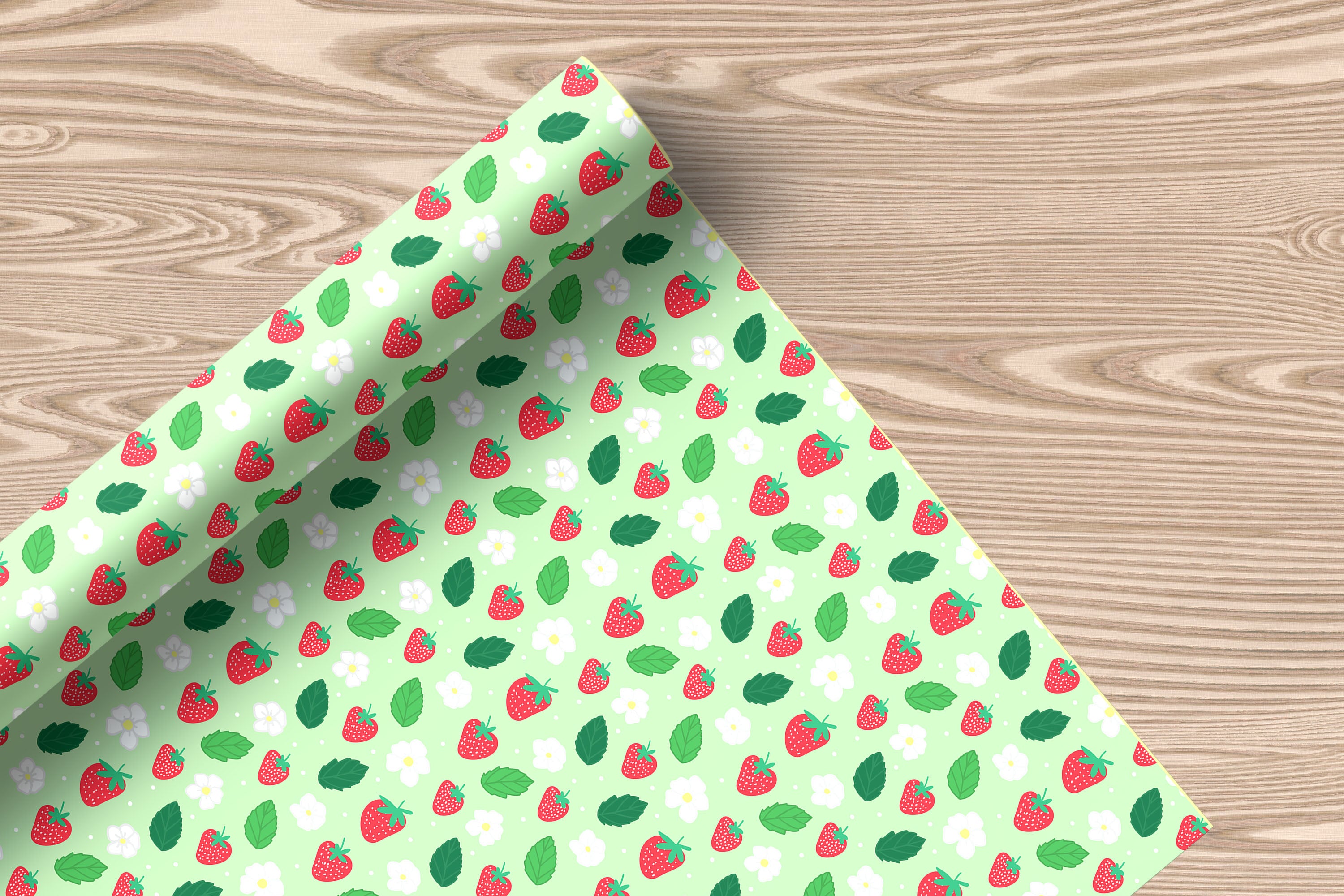 Strawberry Leaf Wrapping Paper – Cute Red Berries & Floral Design on Pastel Green