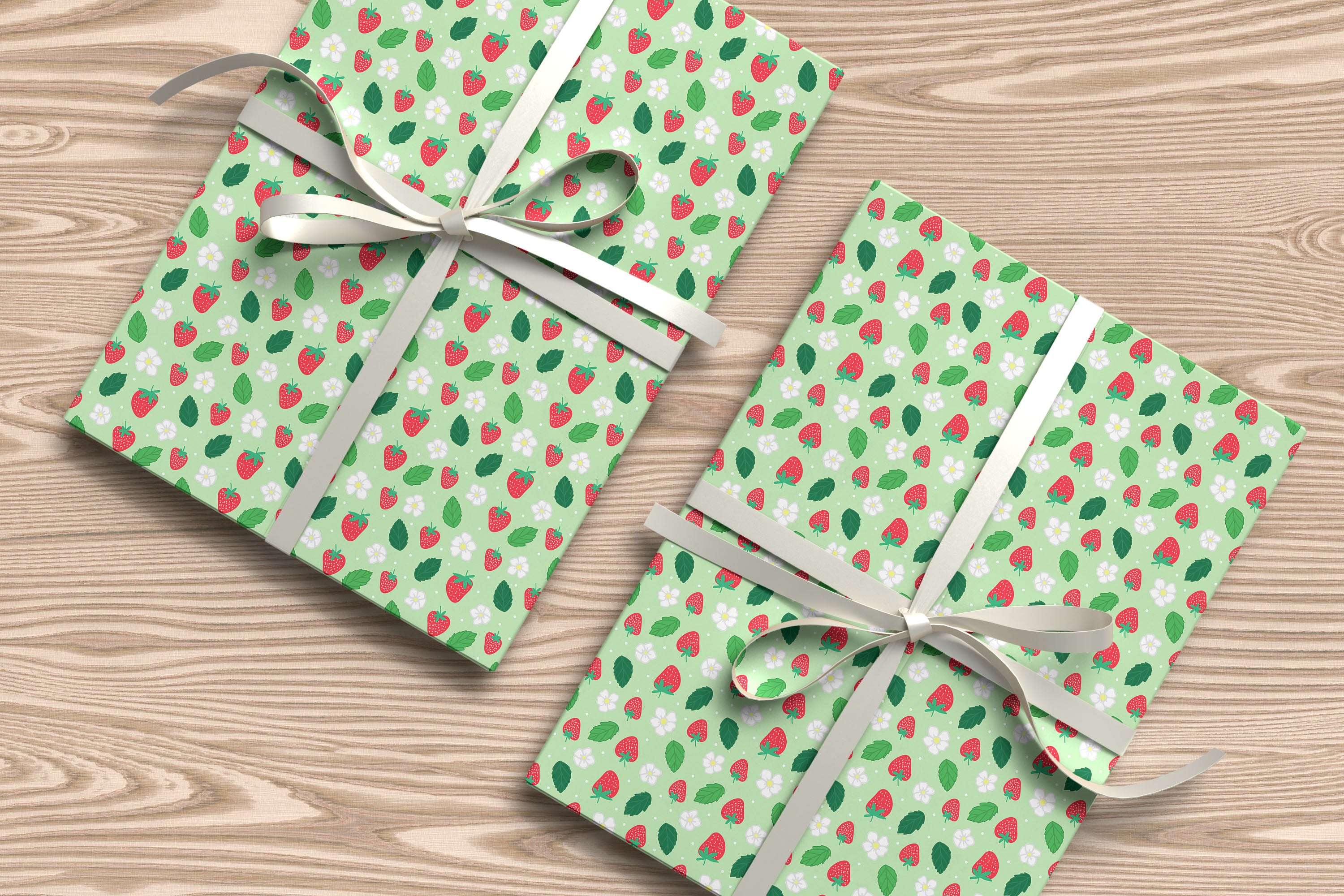 Strawberry Leaf Wrapping Paper – Cute Red Berries & Floral Design on Pastel Green