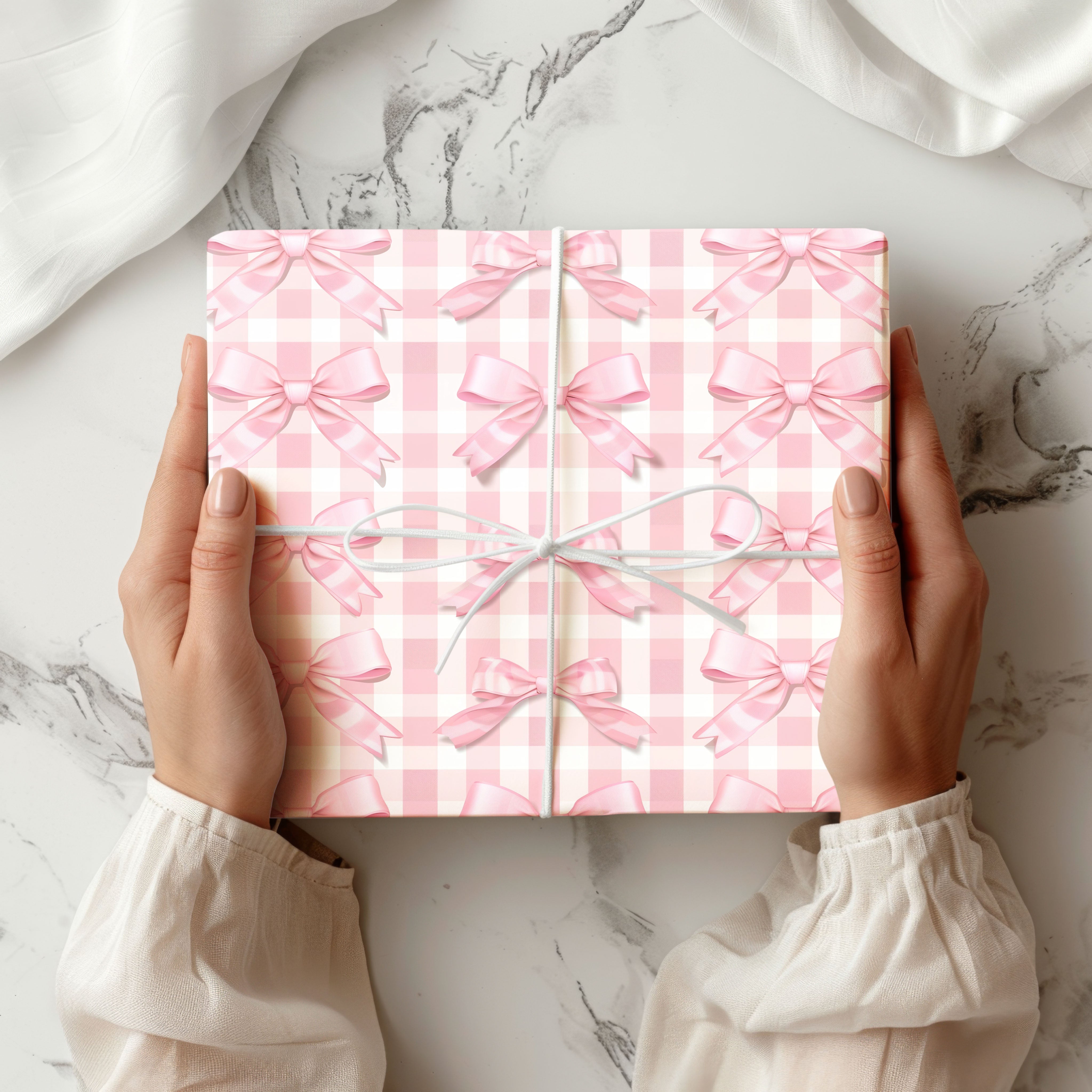 Pink Gingham Bow Wrapping Paper – Cute Check Design with Soft Ribbon Bows