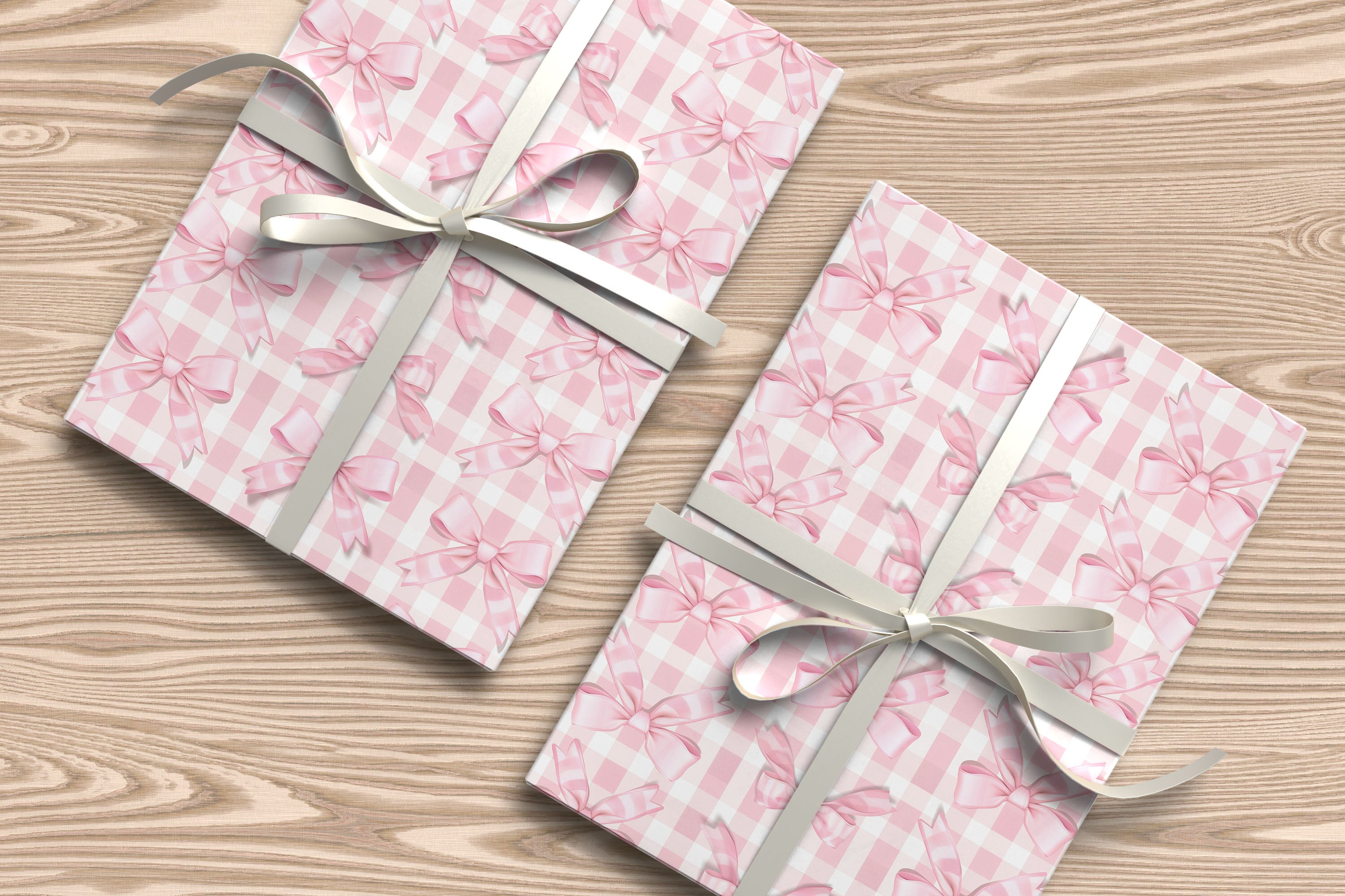 Pink Gingham Bow Wrapping Paper – Cute Check Design with Soft Ribbon Bows