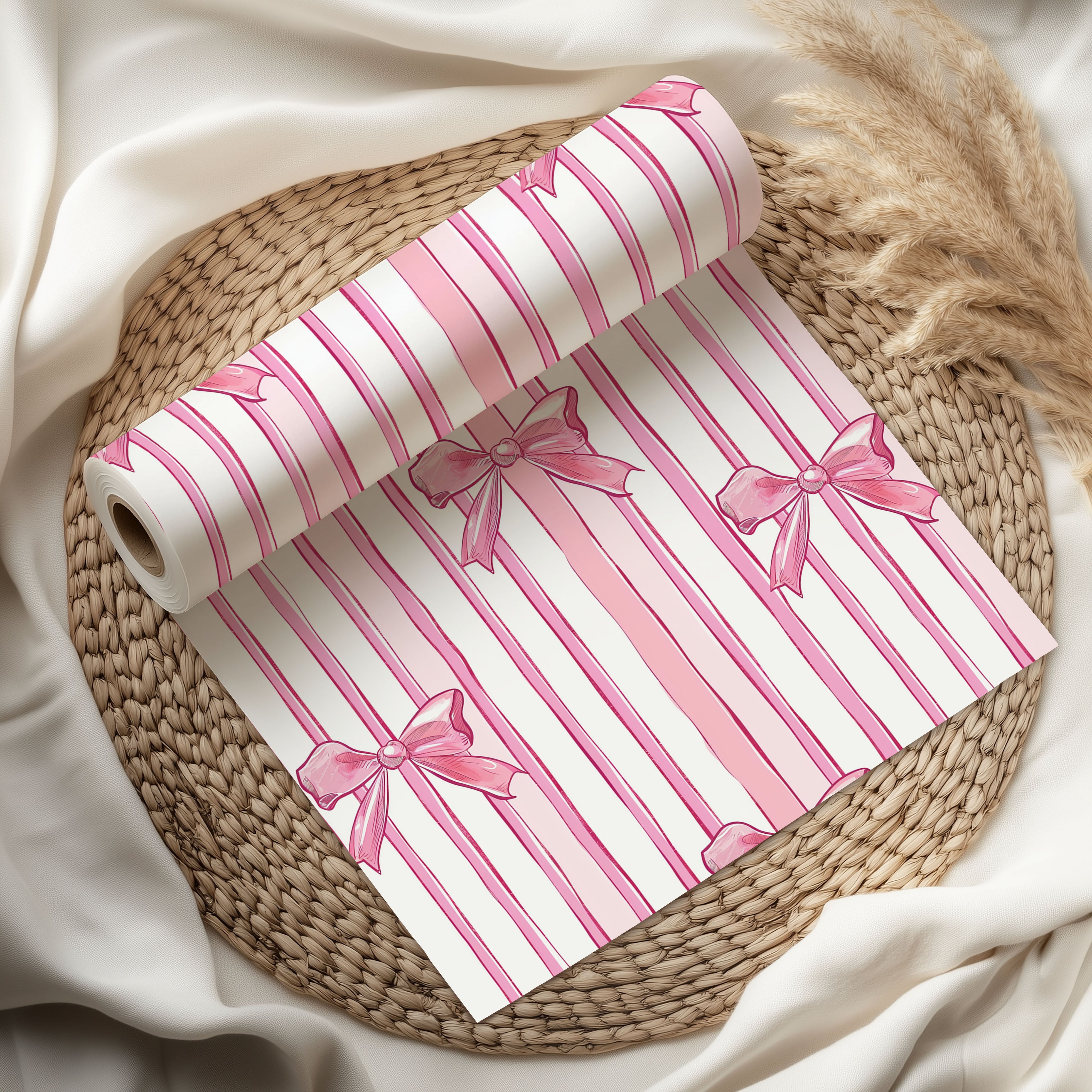 Pink Ribbon Stripe Wrapping Paper – Elegant Vertical Bows and Candy Striped Gift Wrap