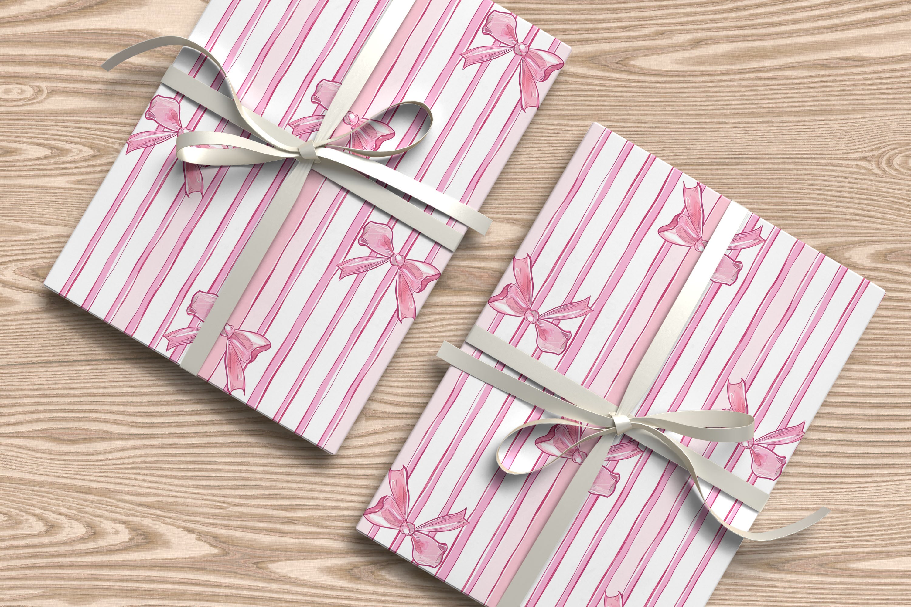 Pink Ribbon Stripe Wrapping Paper – Elegant Vertical Bows and Candy Striped Gift Wrap