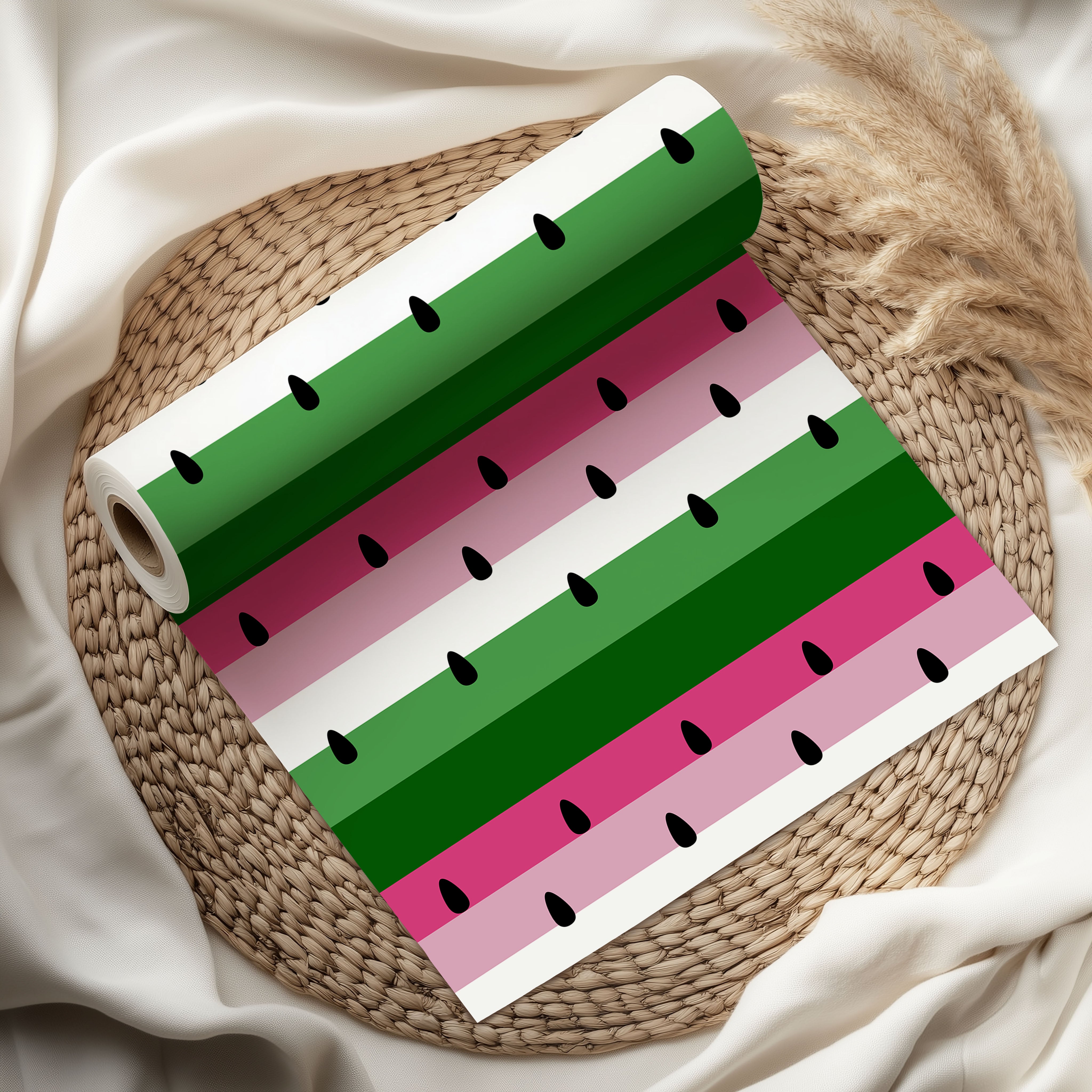 Watermelon Stripe Wrapping Paper – Summer Fruit Design with Pink, Green & Seed Motif