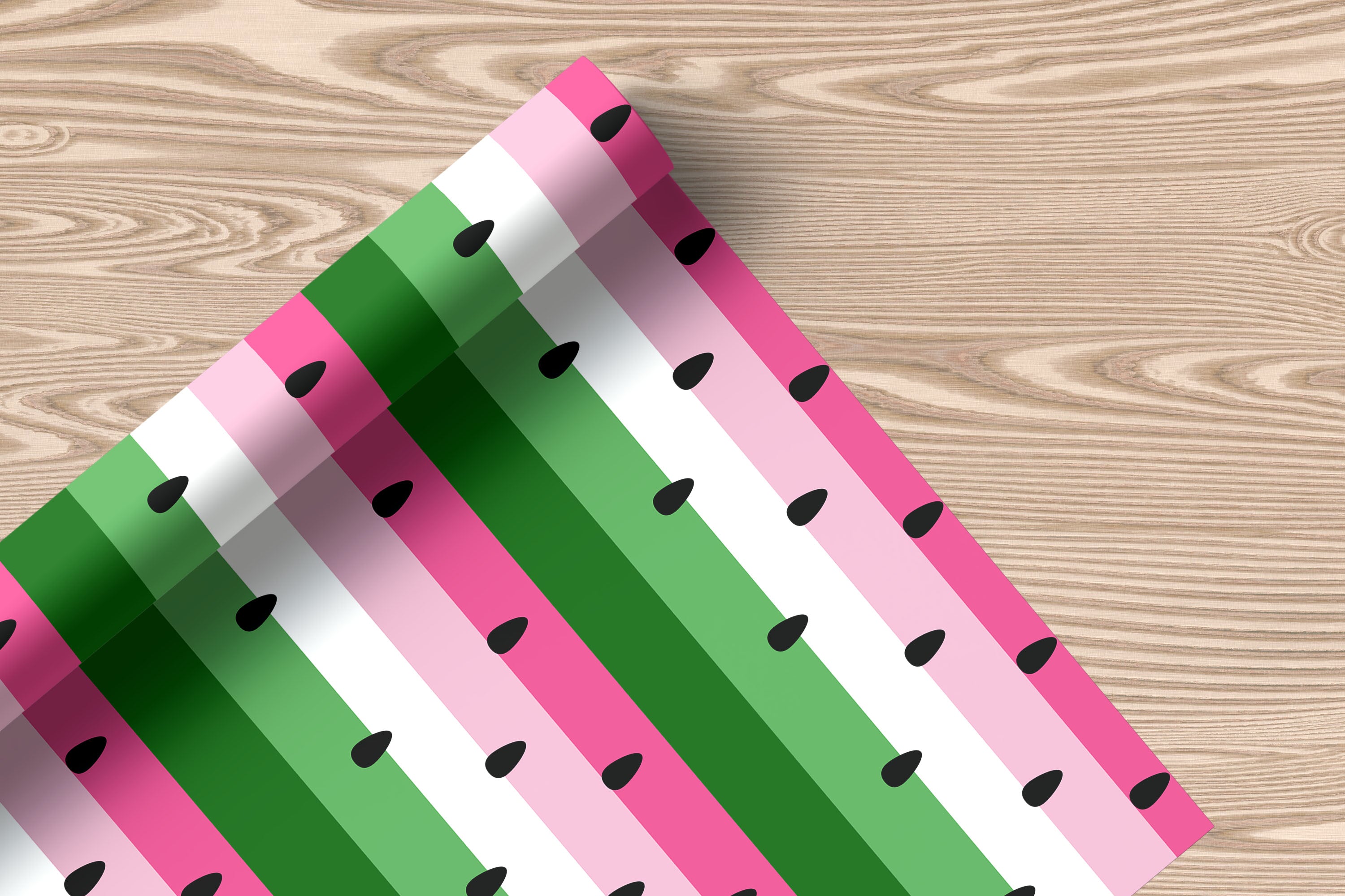 Watermelon Stripe Wrapping Paper – Summer Fruit Design with Pink, Green & Seed Motif