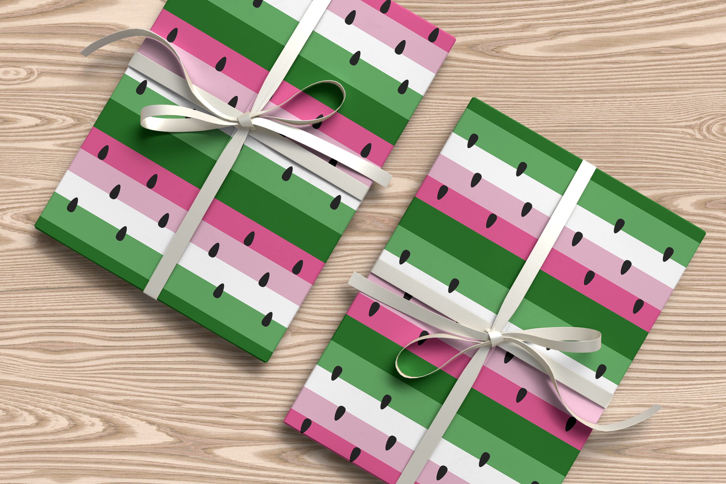 Watermelon Stripe Wrapping Paper – Summer Fruit Design with Pink, Green & Seed Motif