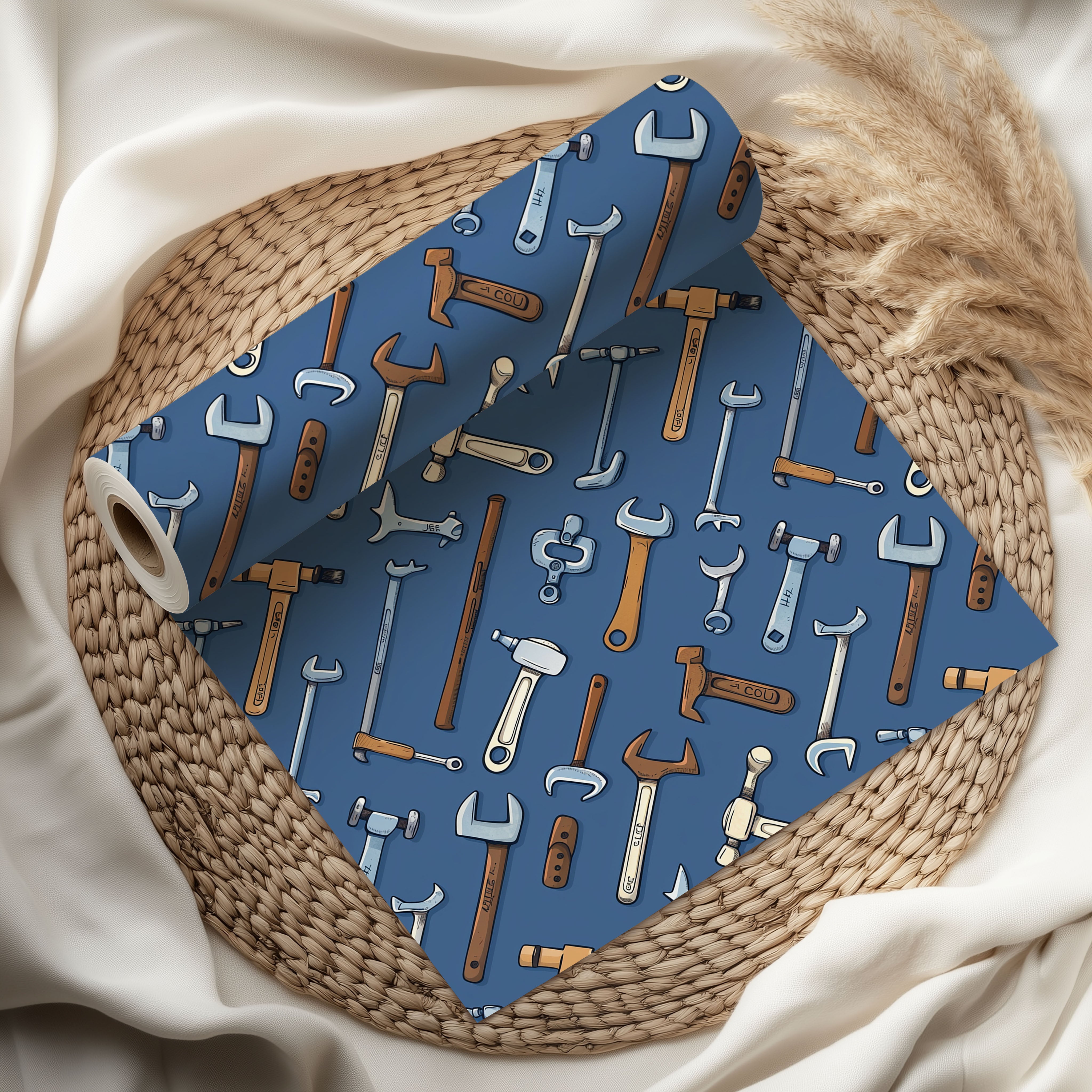 Tool Pattern Wrapping Paper – Blue Background Gift Wrap for DIY Fans, Father’s Day, or Handyman Gifts
