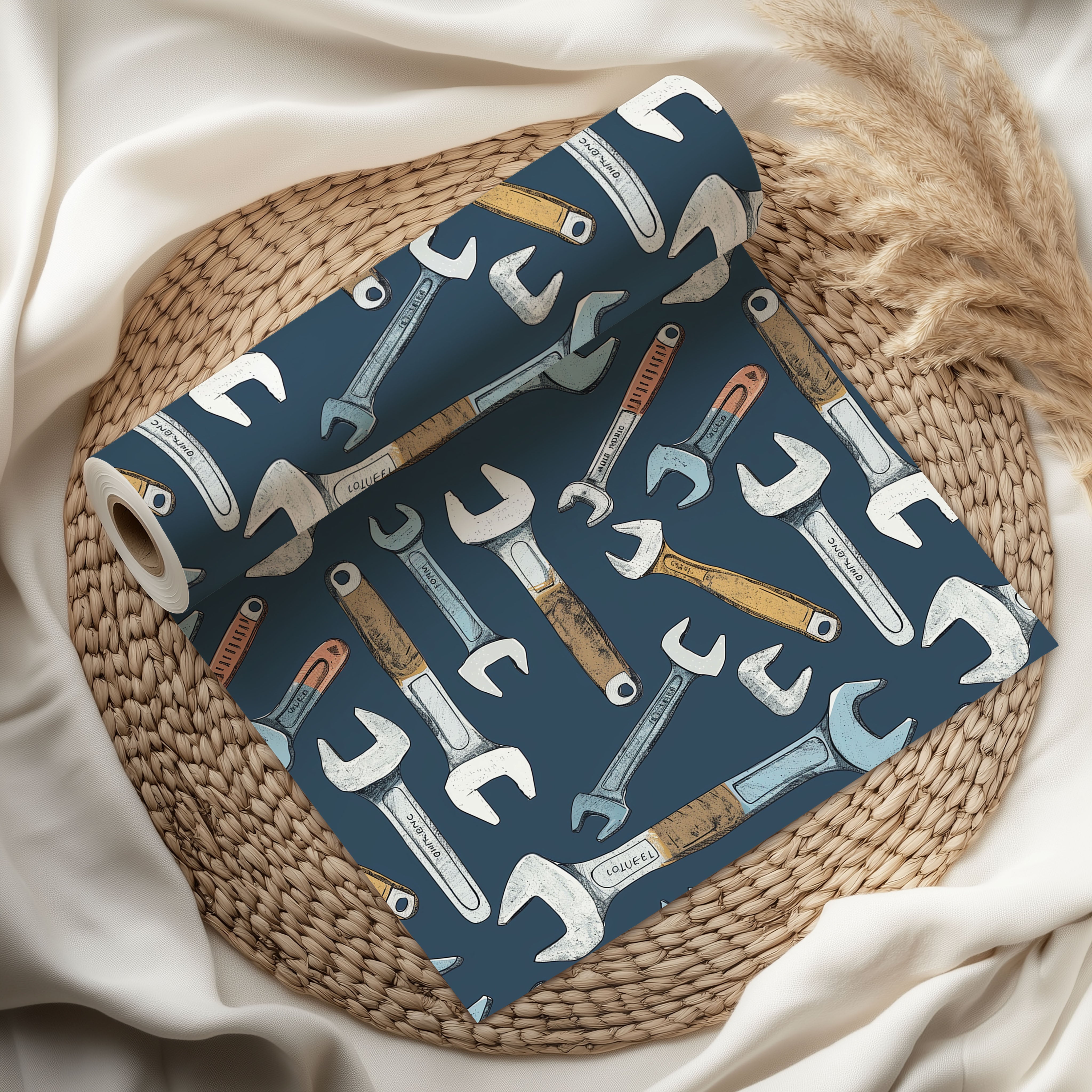 Spanner Tool Wrapping Paper – Illustrated Wrench Pattern Gift Wrap for Father’s Day or DIY Enthusiasts