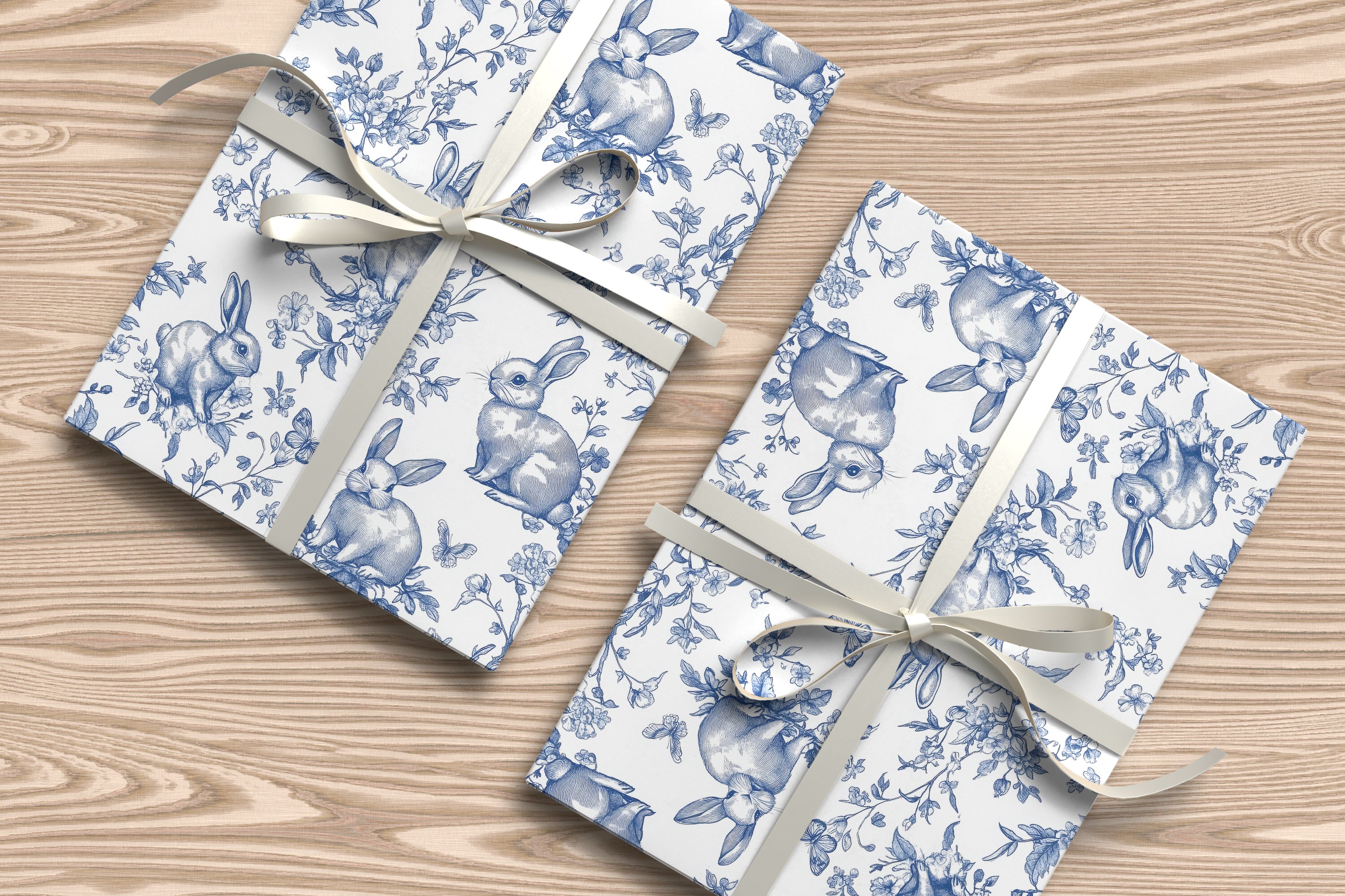 Blue Floral Bunny Wrapping Paper – Peter Rabbit Style Gift Wrap with Vintage Woodland Illustration