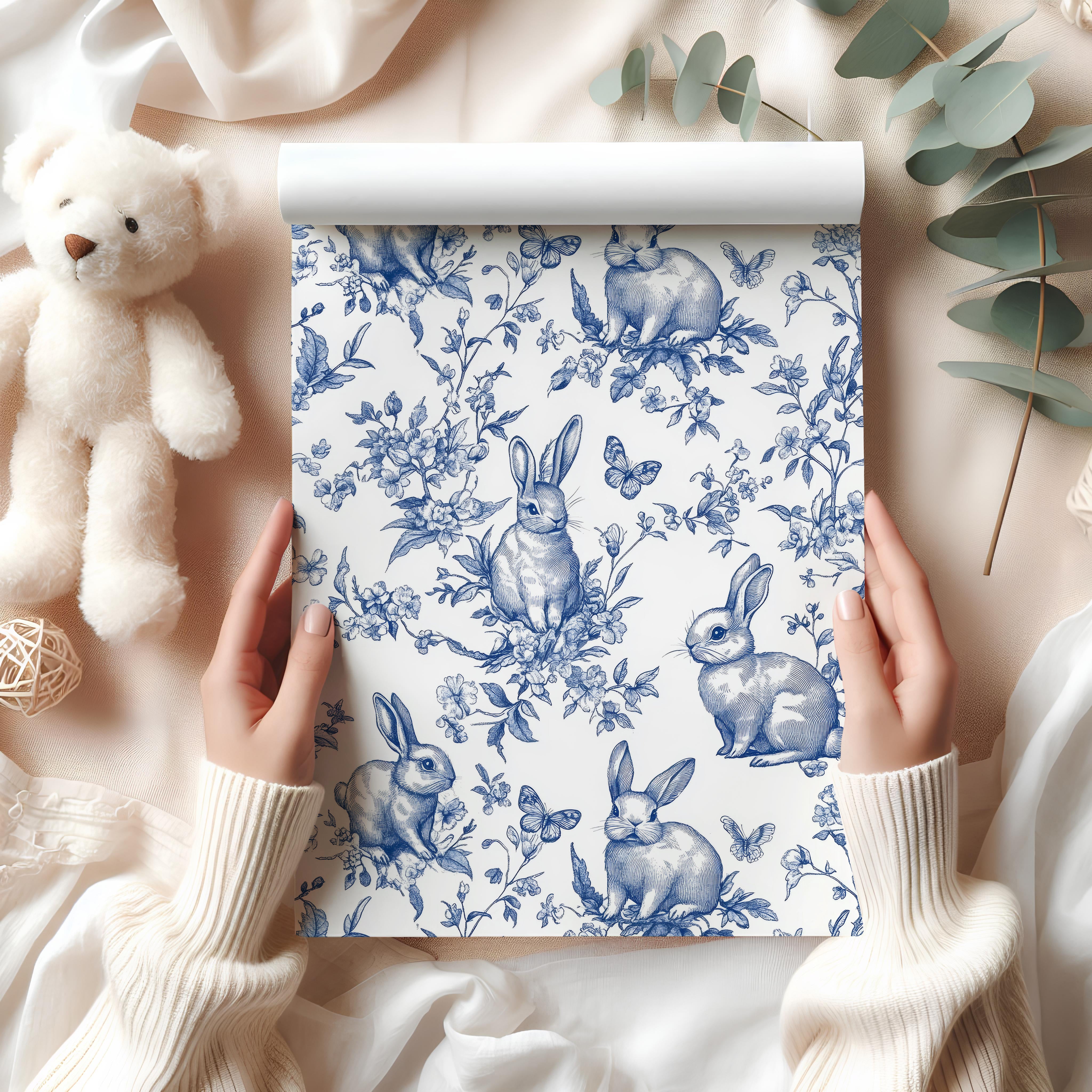 Blue Floral Bunny Wrapping Paper – Peter Rabbit Style Gift Wrap with Vintage Woodland Illustration