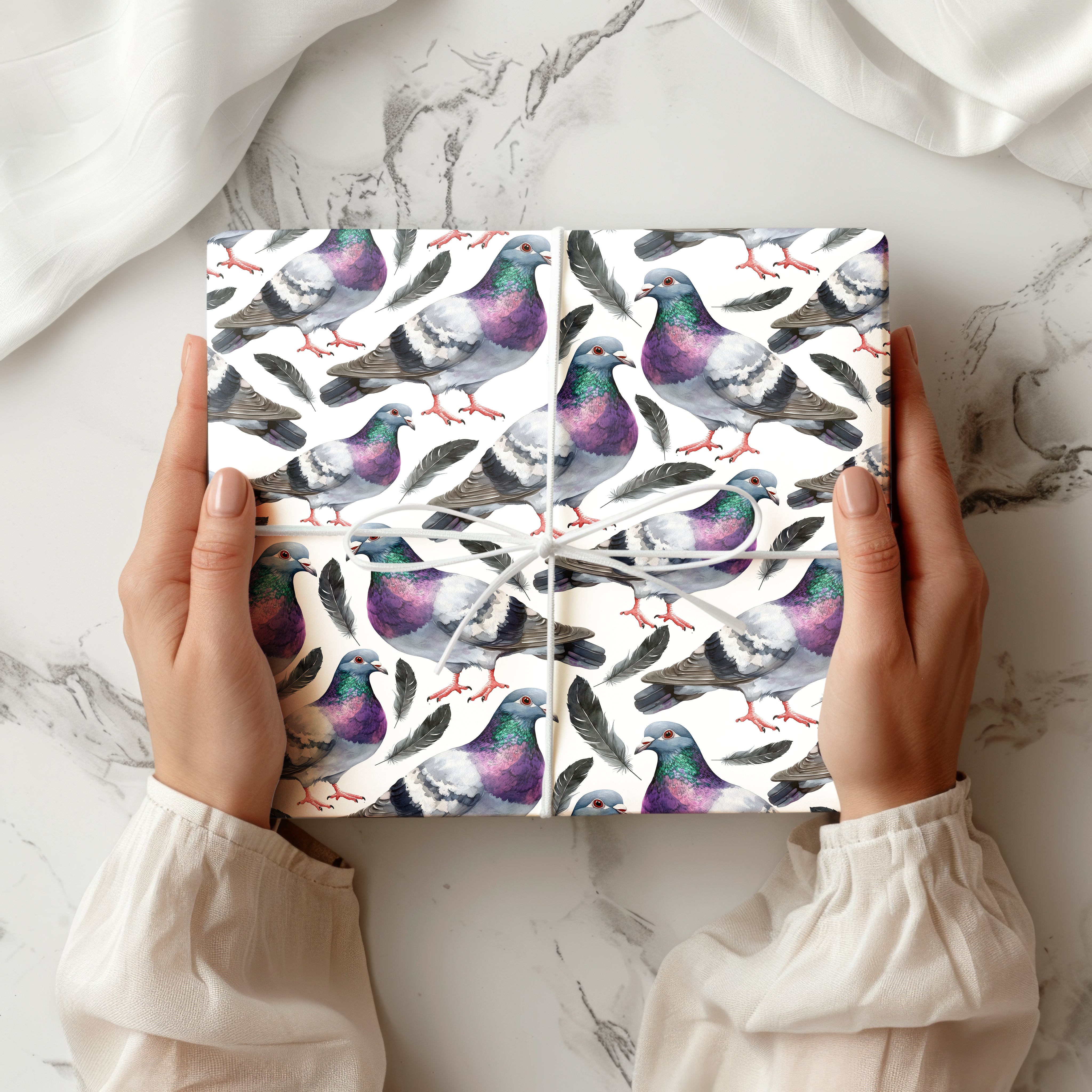 Watercolour Pigeon Wrapping Paper – Urban Bird Gift Wrap with Feathers and City Charm Multiple Colours