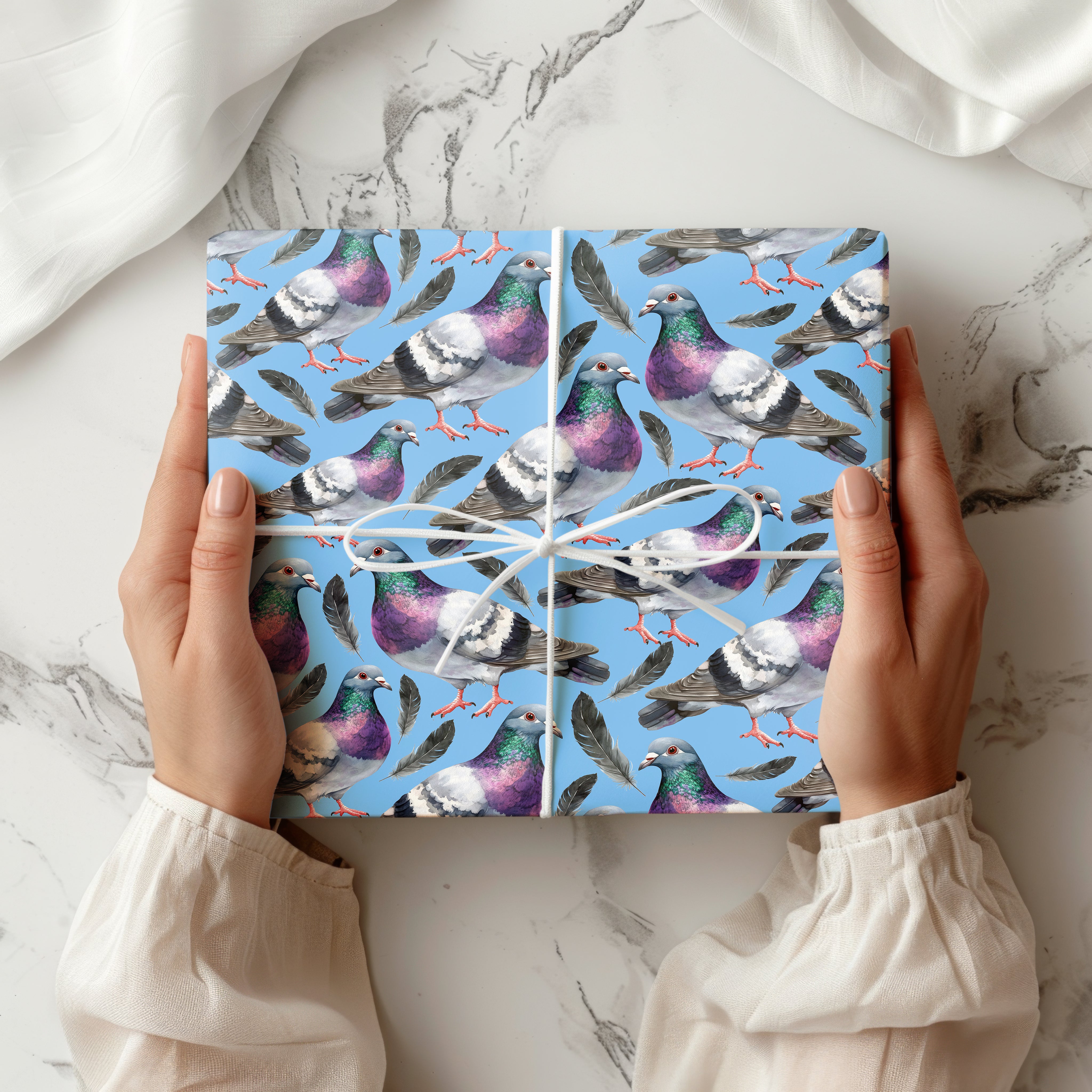 Watercolour Pigeon Wrapping Paper – Urban Bird Gift Wrap with Feathers and City Charm Multiple Colours