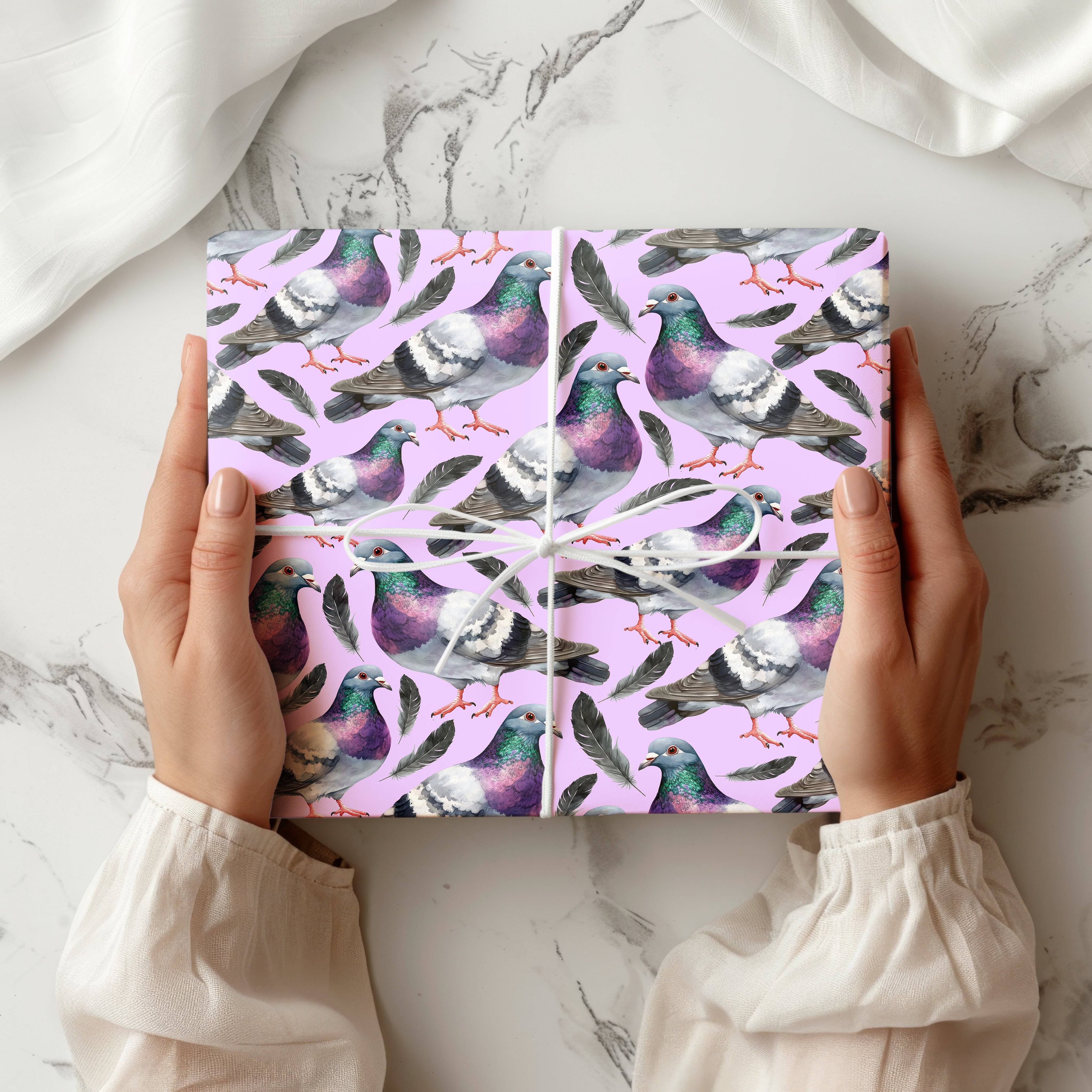 Watercolour Pigeon Wrapping Paper – Urban Bird Gift Wrap with Feathers and City Charm Multiple Colours