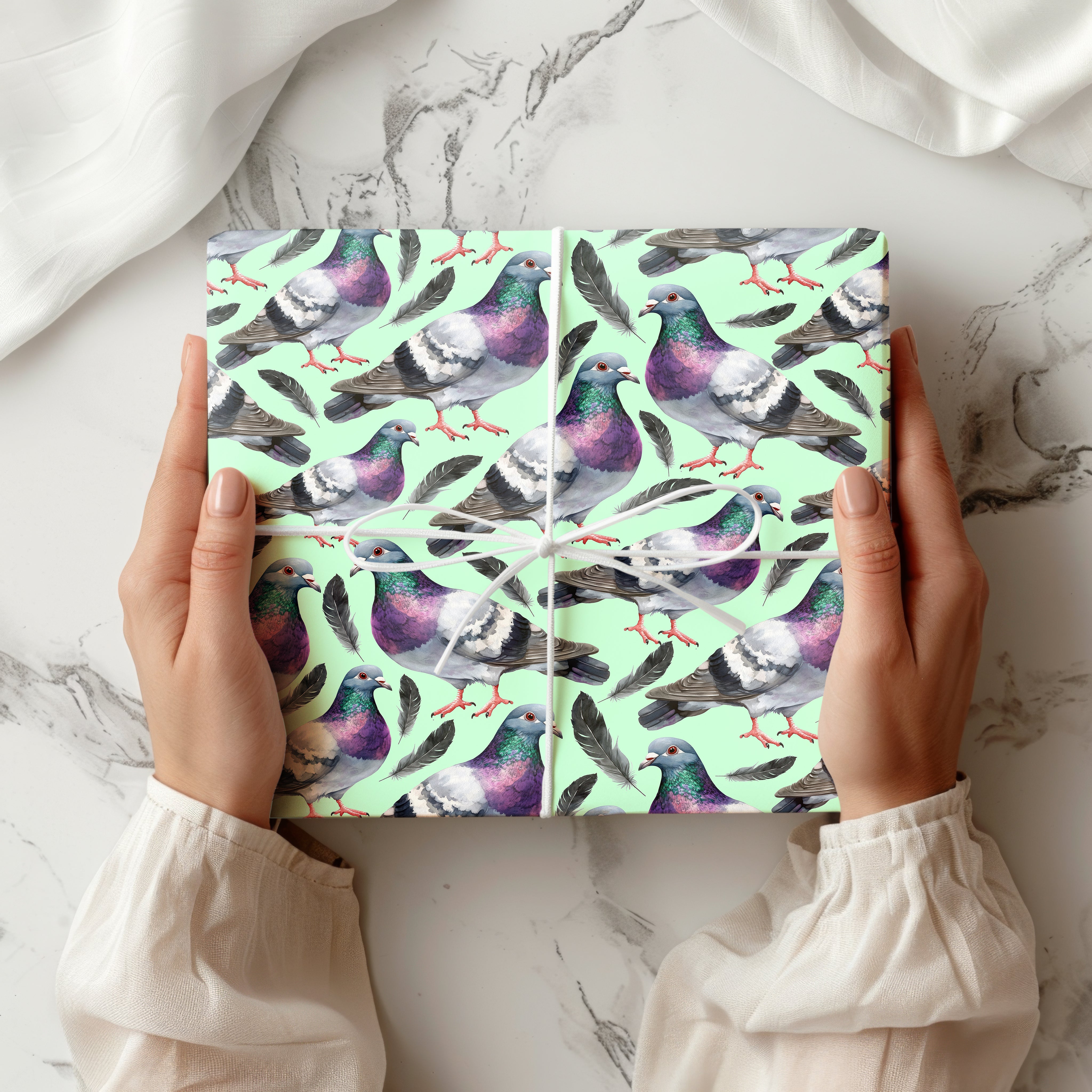 Watercolour Pigeon Wrapping Paper – Urban Bird Gift Wrap with Feathers and City Charm Multiple Colours
