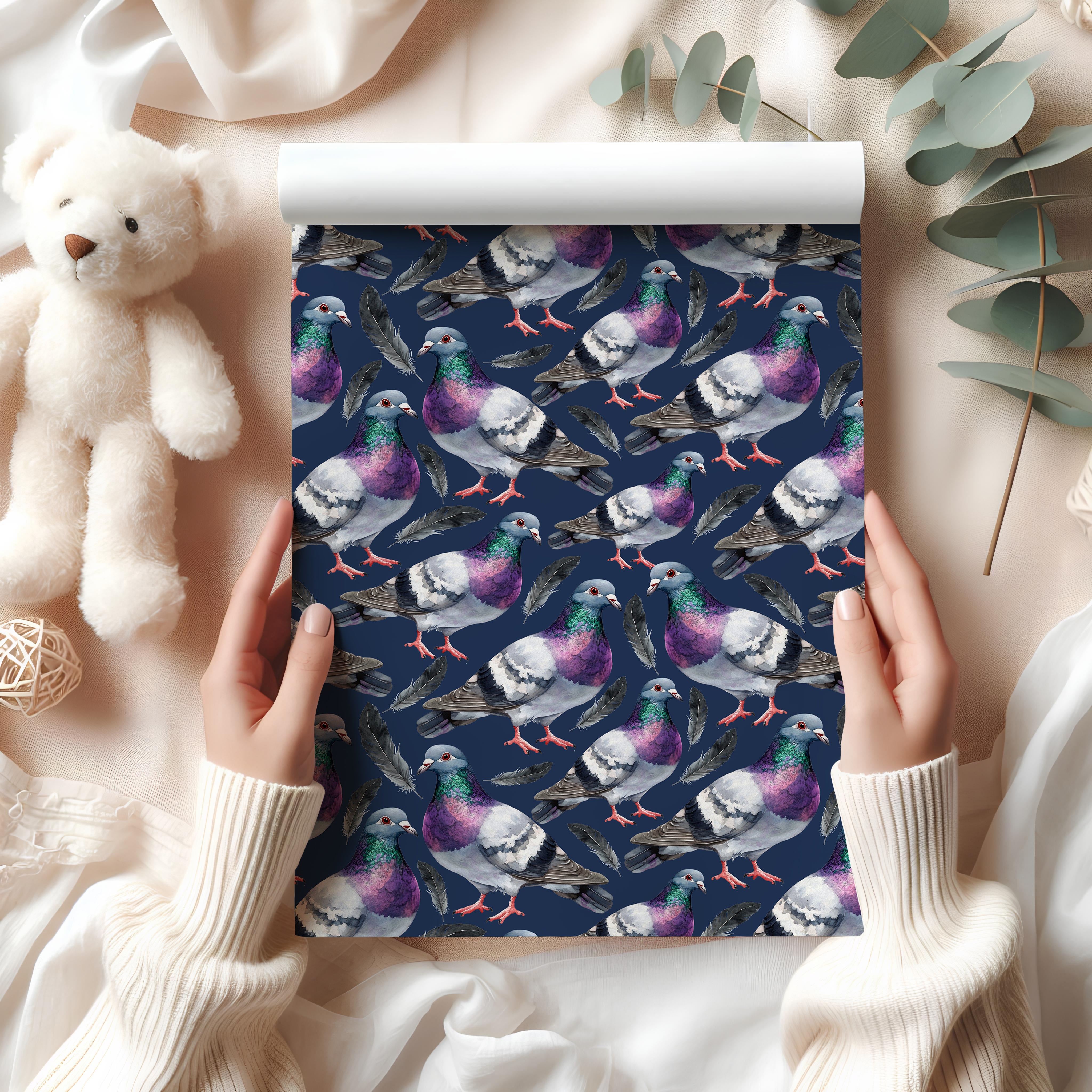 Watercolour Pigeon Wrapping Paper – Urban Bird Gift Wrap with Feathers and City Charm Multiple Colours
