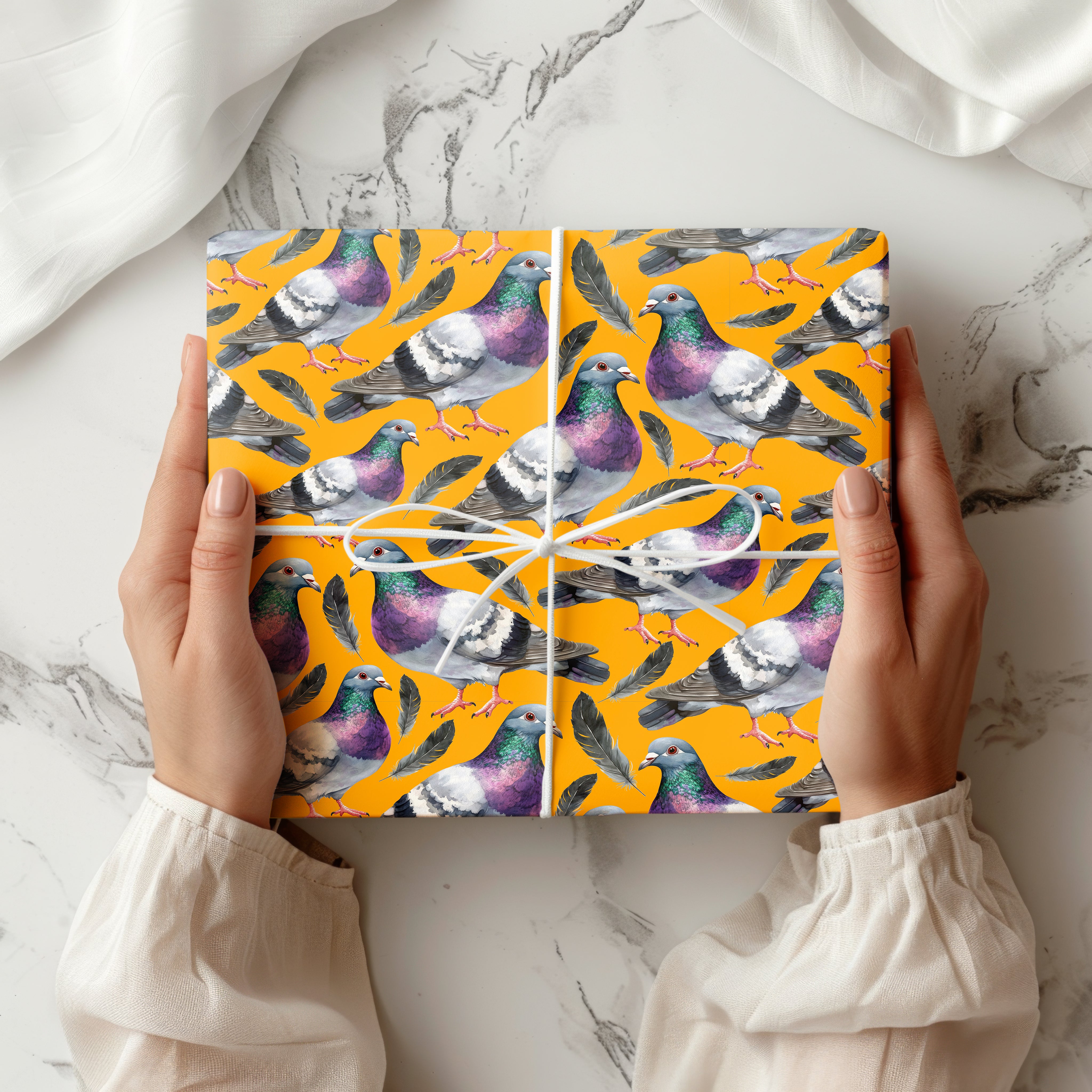 Watercolour Pigeon Wrapping Paper – Urban Bird Gift Wrap with Feathers and City Charm Multiple Colours