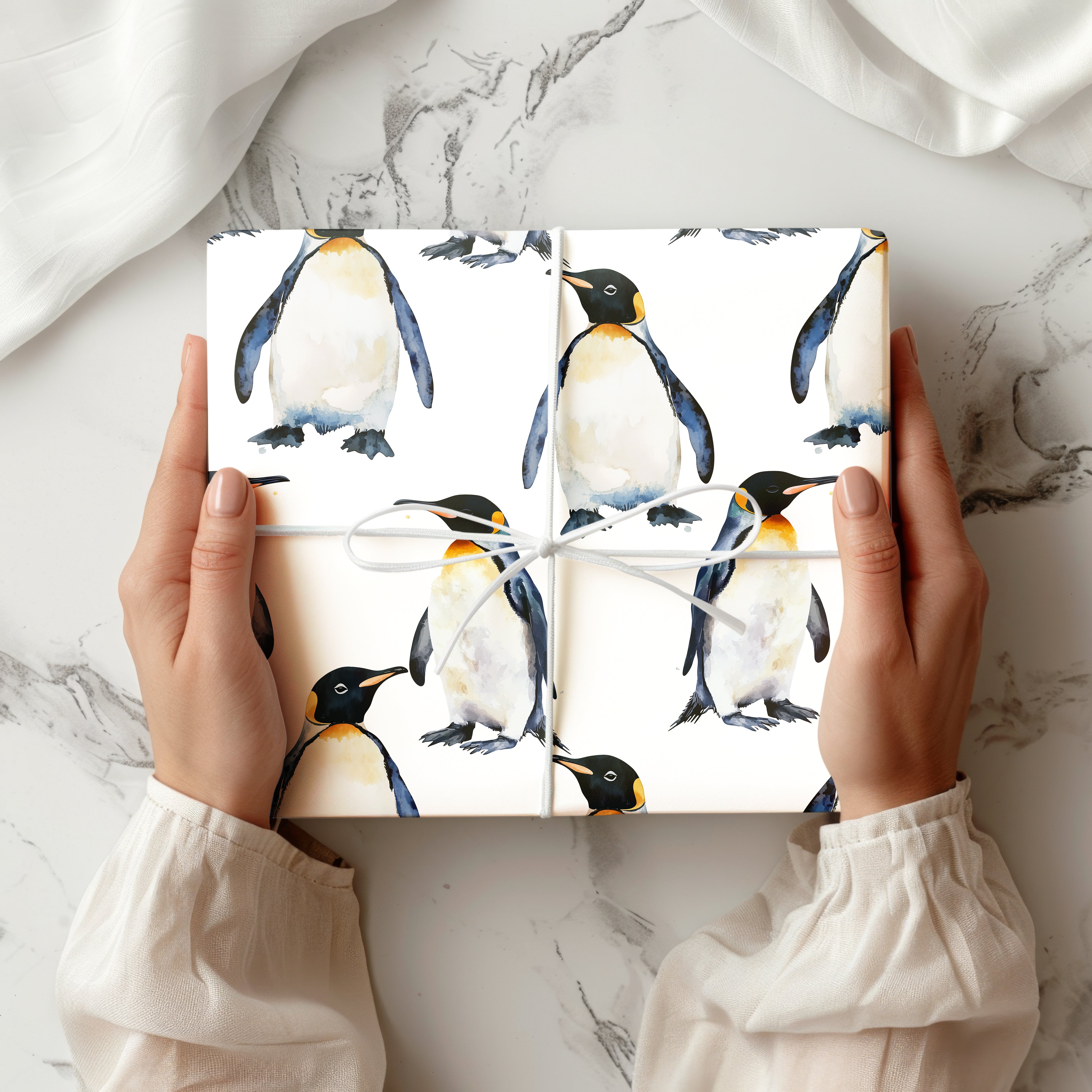Watercolour Penguin Wrapping Paper Sheet – Adorable Great White Gift Wrap for Winter Birthdays or Christmas
