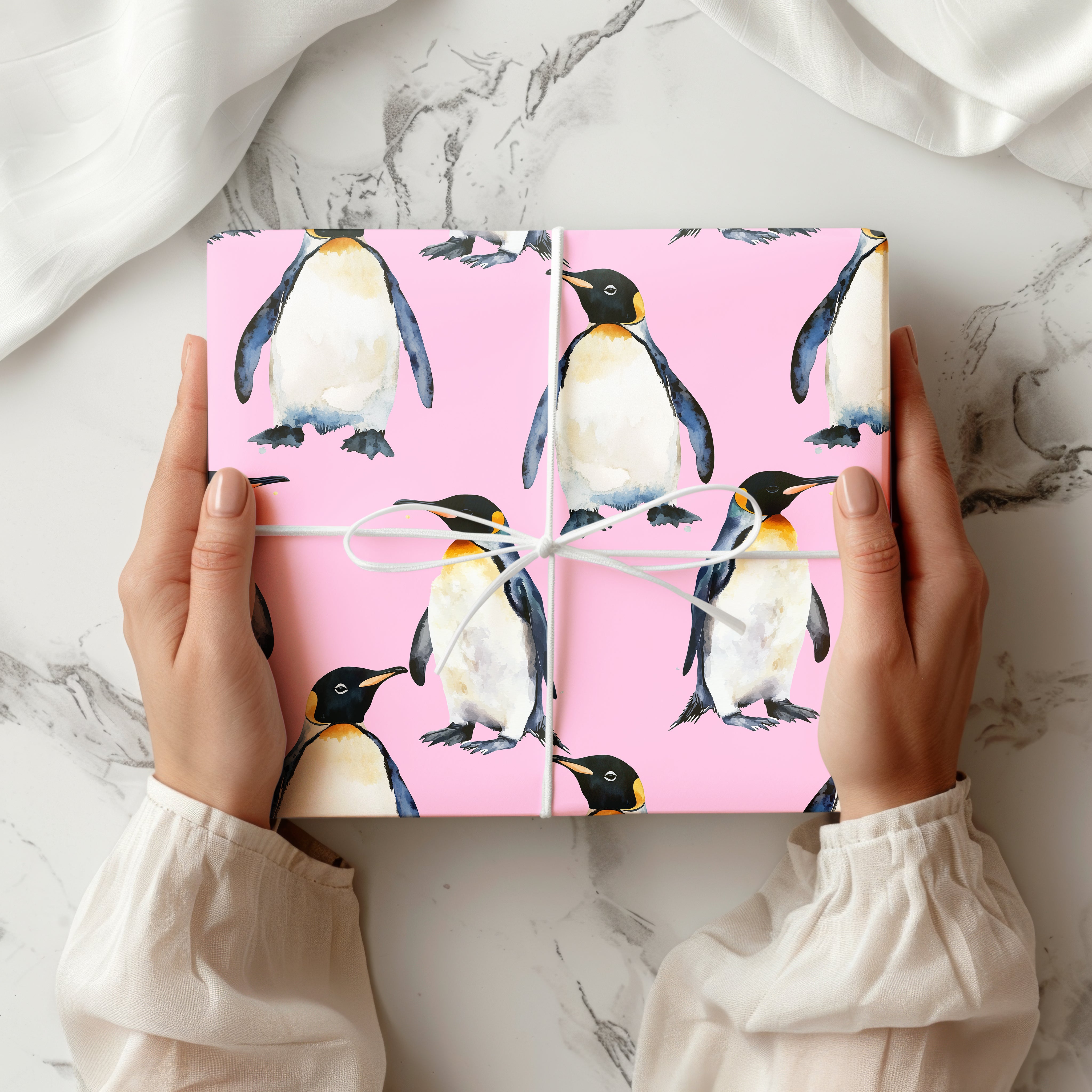 Watercolour Penguin Wrapping Paper Sheet – Adorable Great White Gift Wrap for Winter Birthdays or Christmas