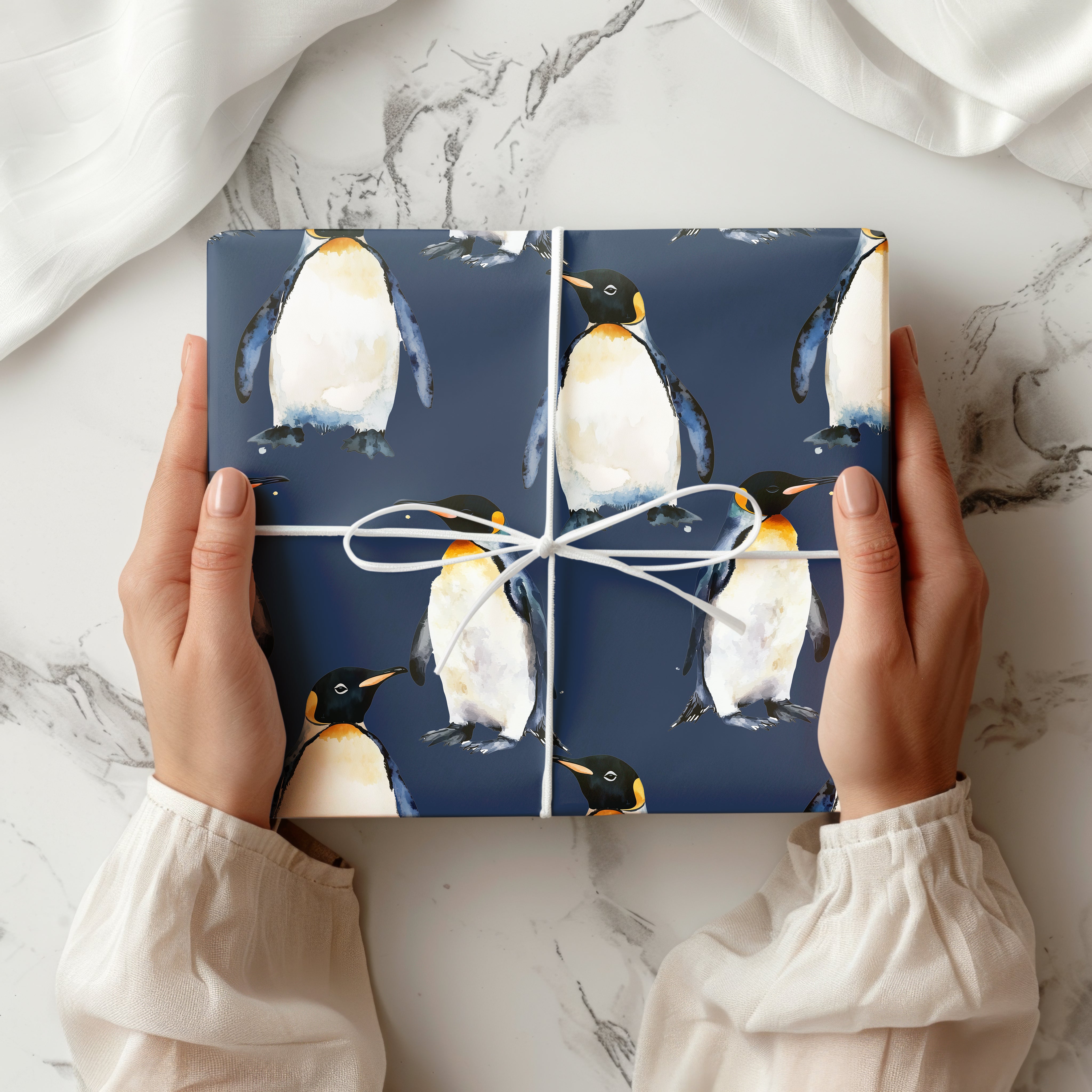 Watercolour Penguin Wrapping Paper Sheet – Adorable Great White Gift Wrap for Winter Birthdays or Christmas