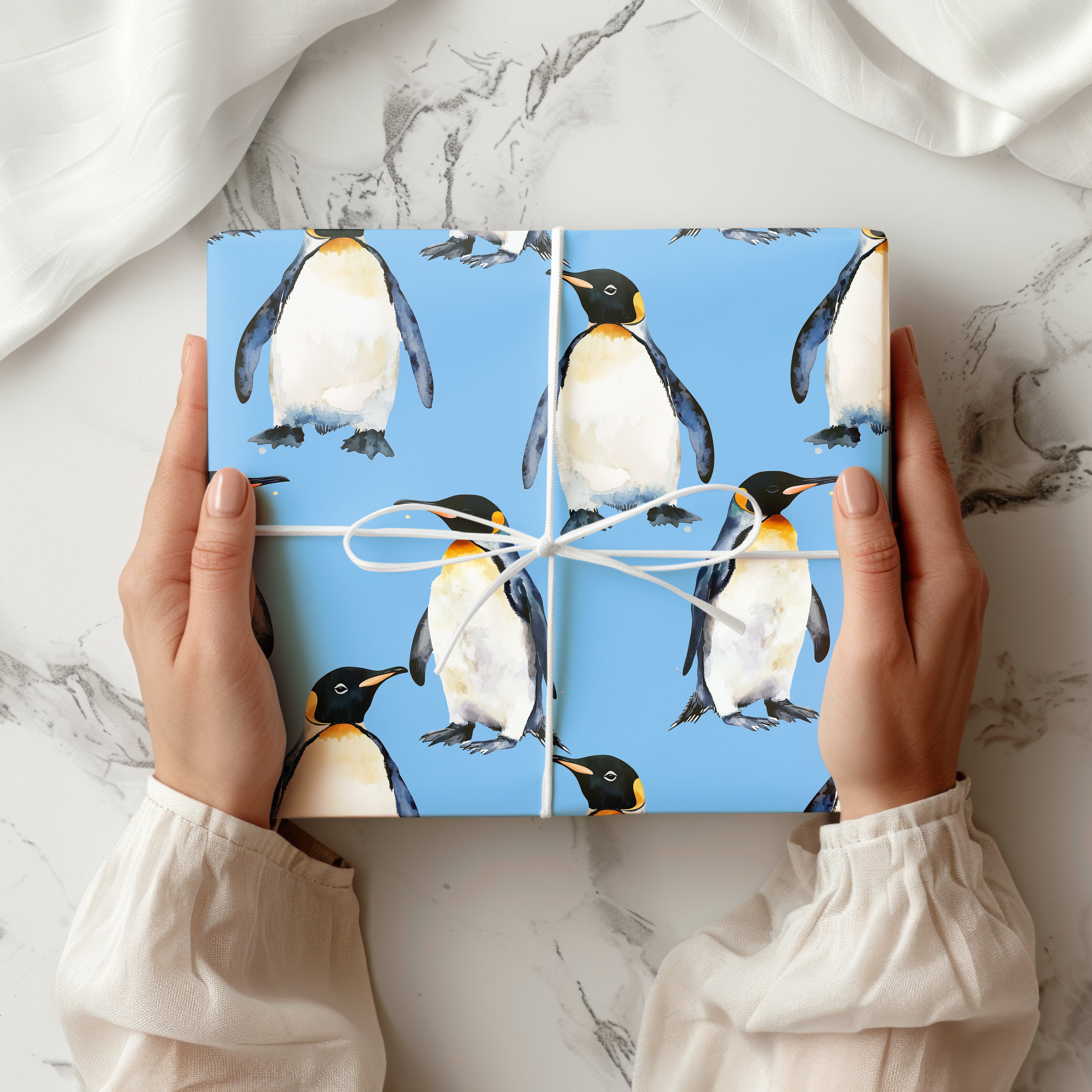 Watercolour Penguin Wrapping Paper Sheet – Adorable Great White Gift Wrap for Winter Birthdays or Christmas