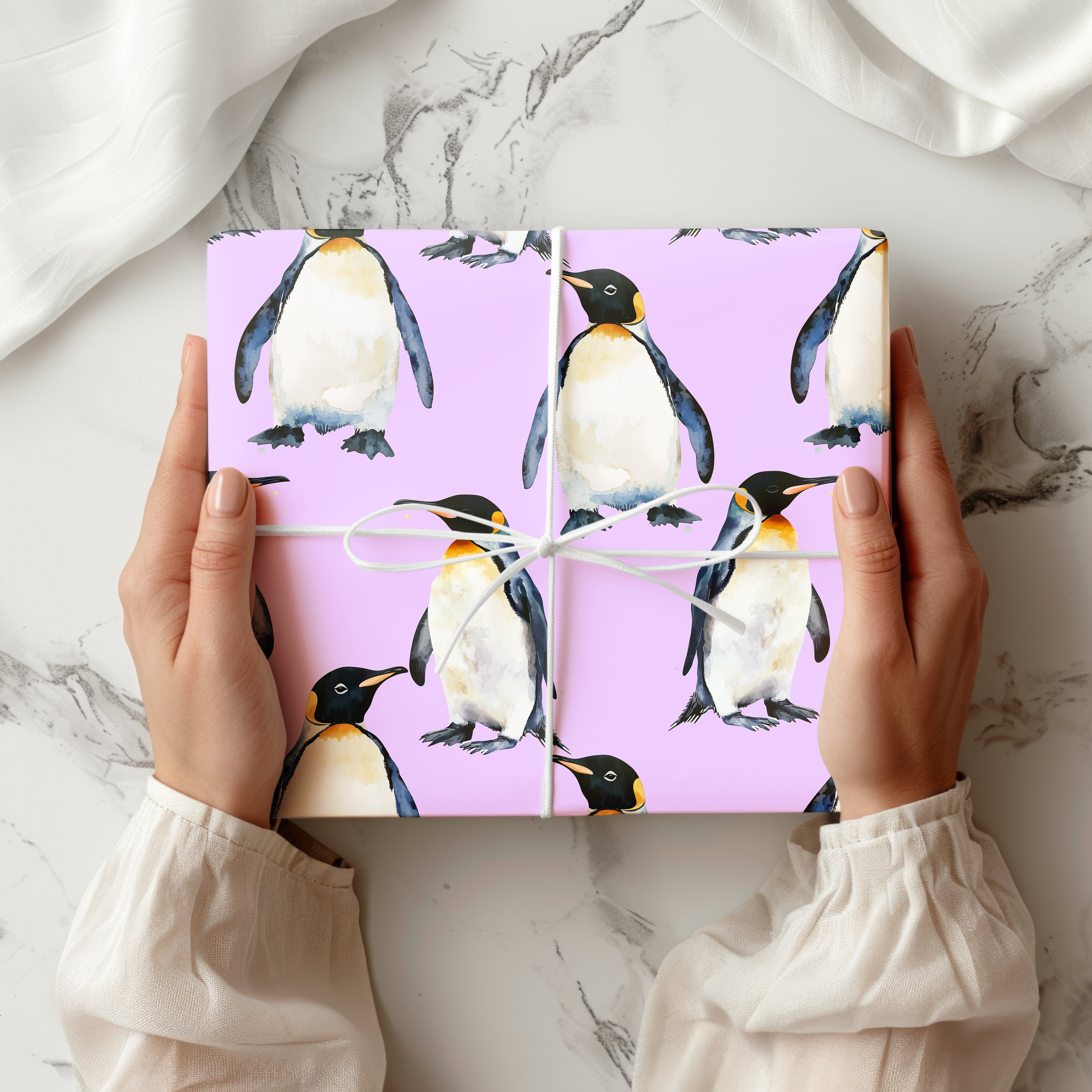 Watercolour Penguin Wrapping Paper Sheet – Adorable Great White Gift Wrap for Winter Birthdays or Christmas