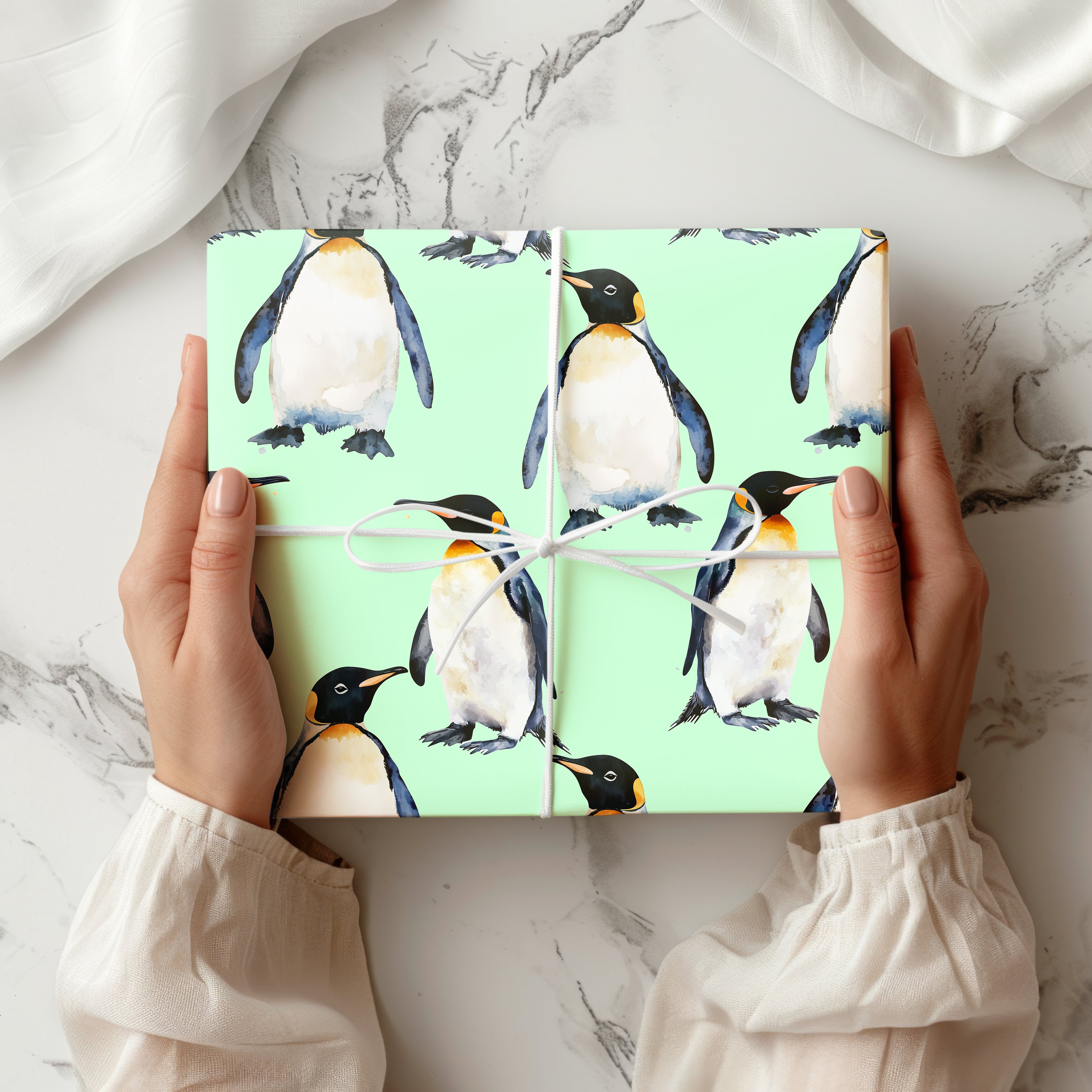 Watercolour Penguin Wrapping Paper Sheet – Adorable Great White Gift Wrap for Winter Birthdays or Christmas
