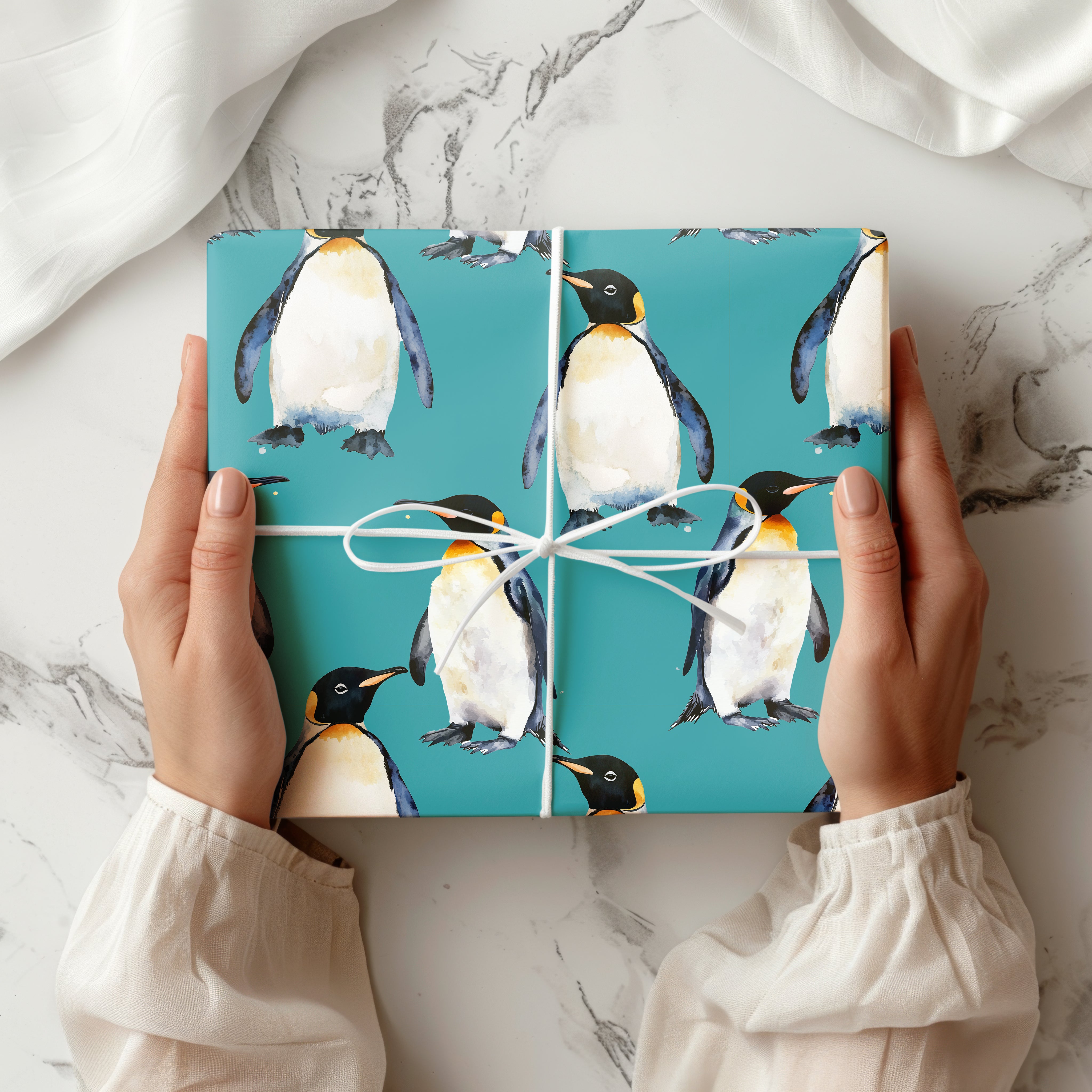 Watercolour Penguin Wrapping Paper Sheet – Adorable Great White Gift Wrap for Winter Birthdays or Christmas