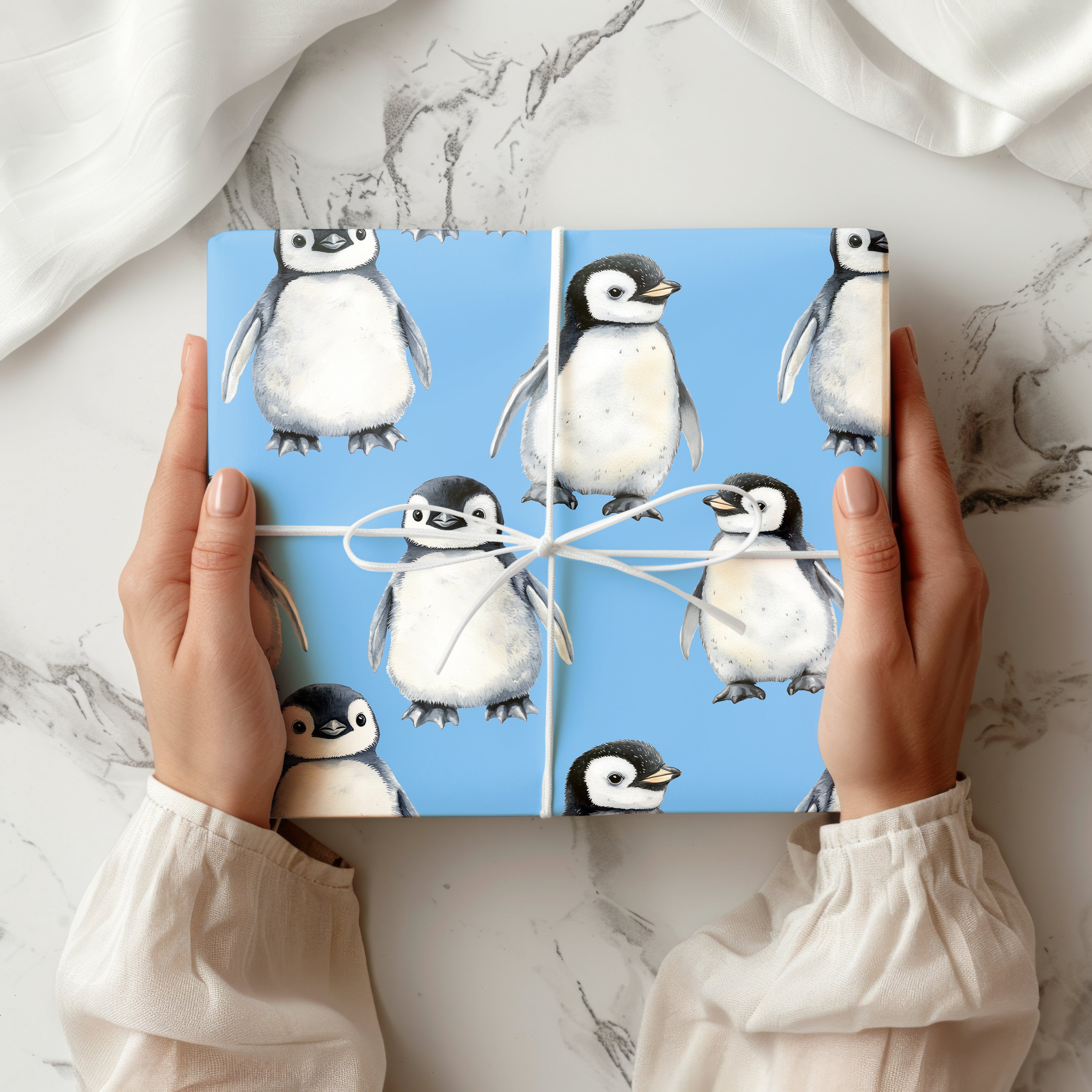 Cute Baby Penguin Wrapping Paper Sheet – Adorable Watercolour Gift Wrap for Christmas or Winter Birthdays