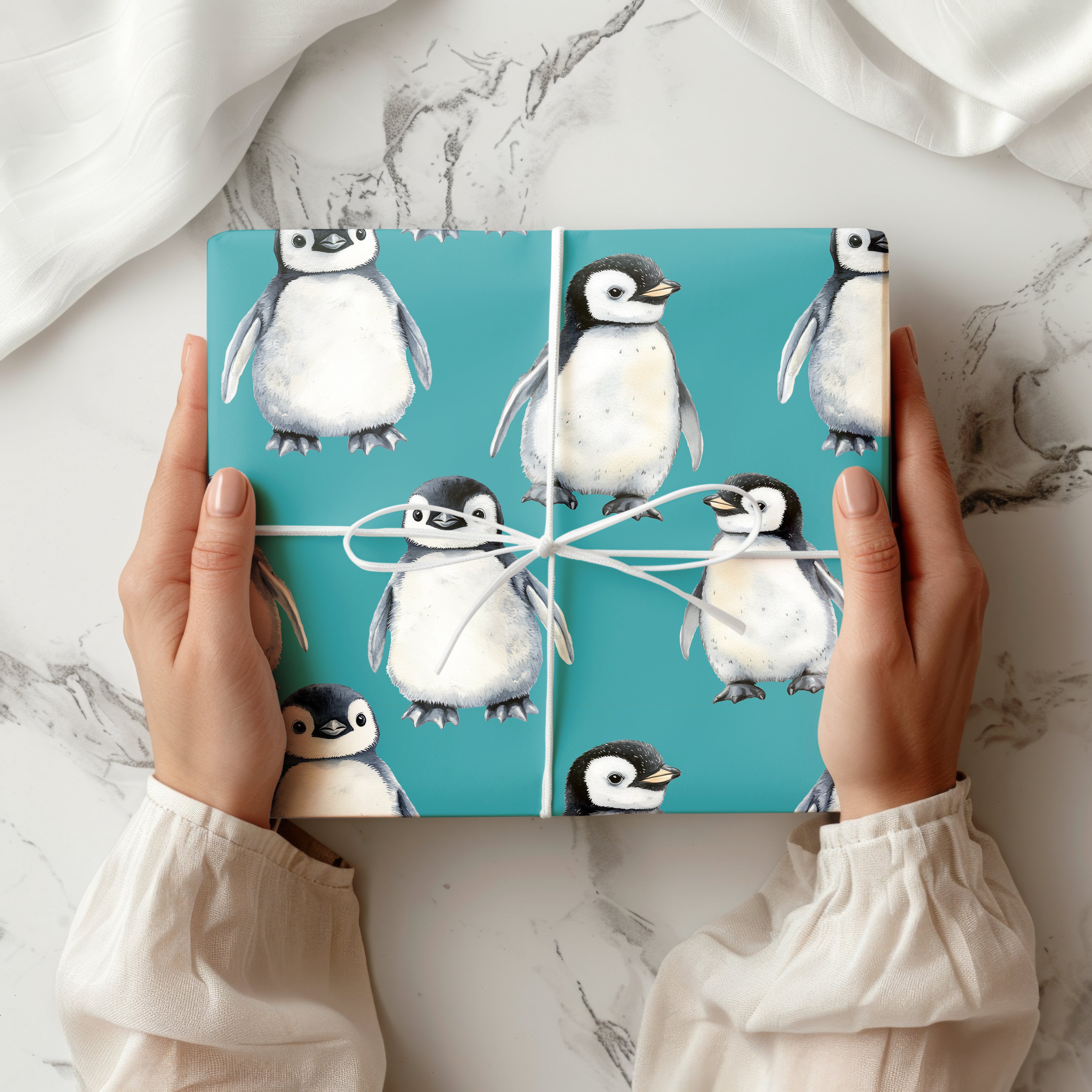 Cute Baby Penguin Wrapping Paper Sheet – Adorable Watercolour Gift Wrap for Christmas or Winter Birthdays