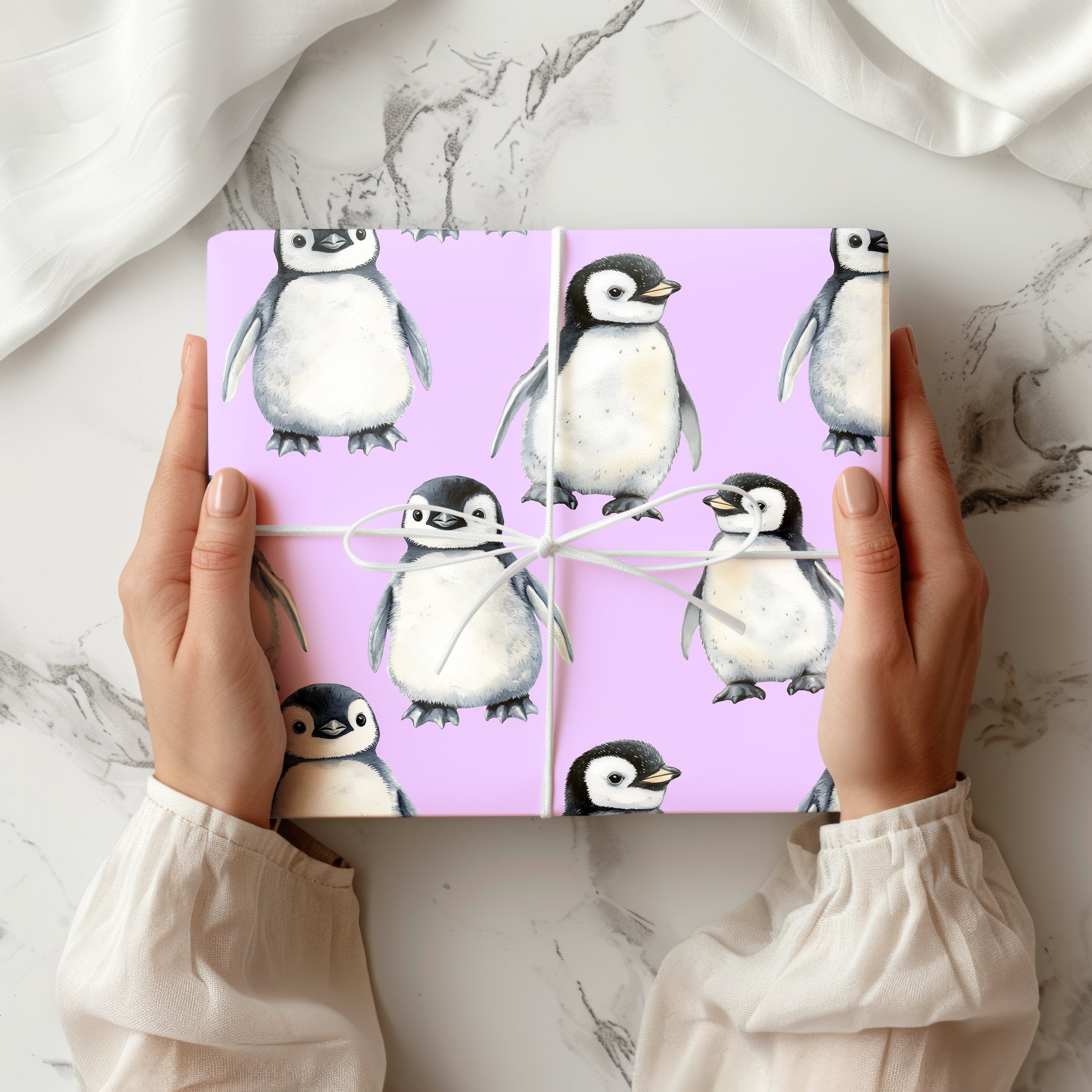 Cute Baby Penguin Wrapping Paper Sheet – Adorable Watercolour Gift Wrap for Christmas or Winter Birthdays