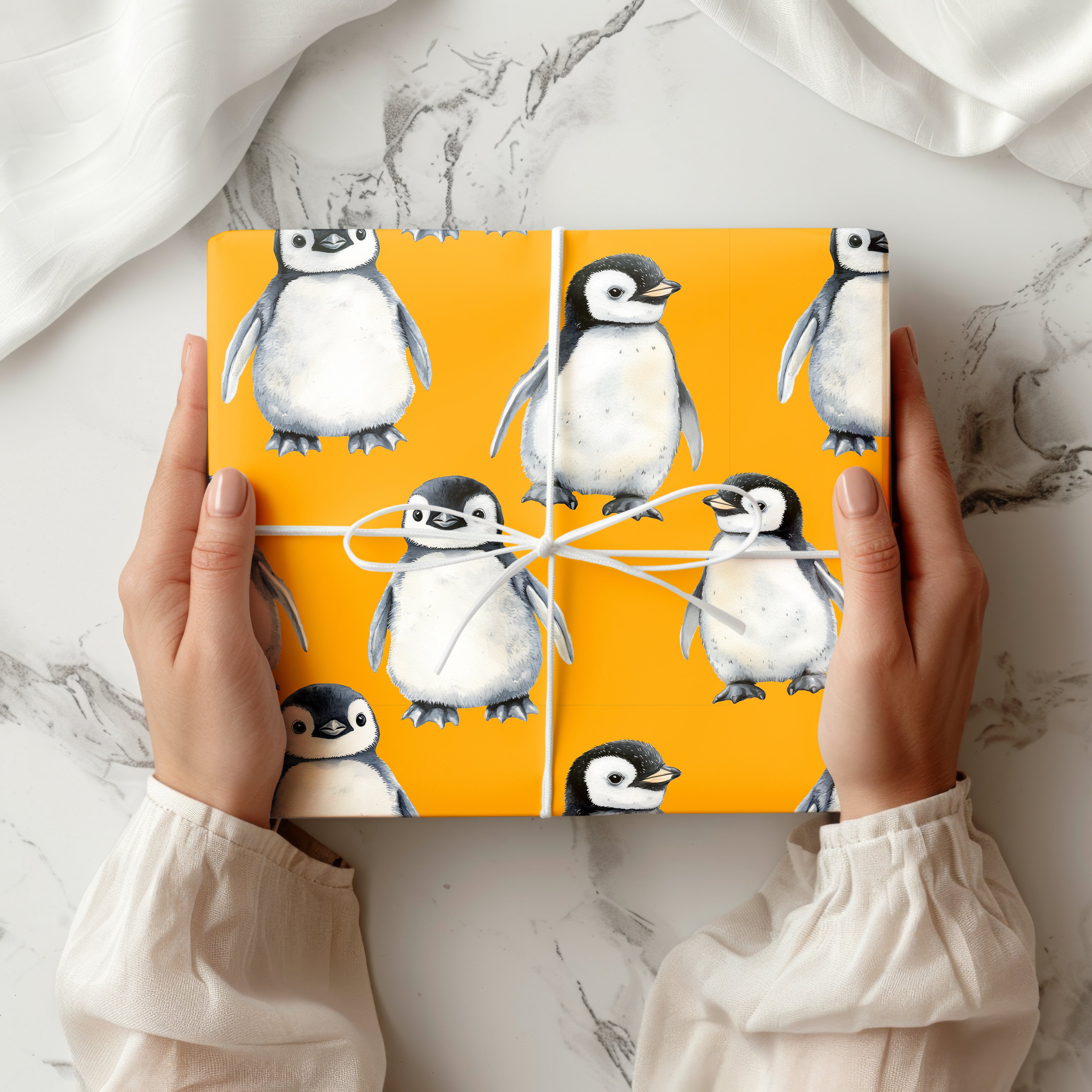 Cute Baby Penguin Wrapping Paper Sheet – Adorable Watercolour Gift Wrap for Christmas or Winter Birthdays