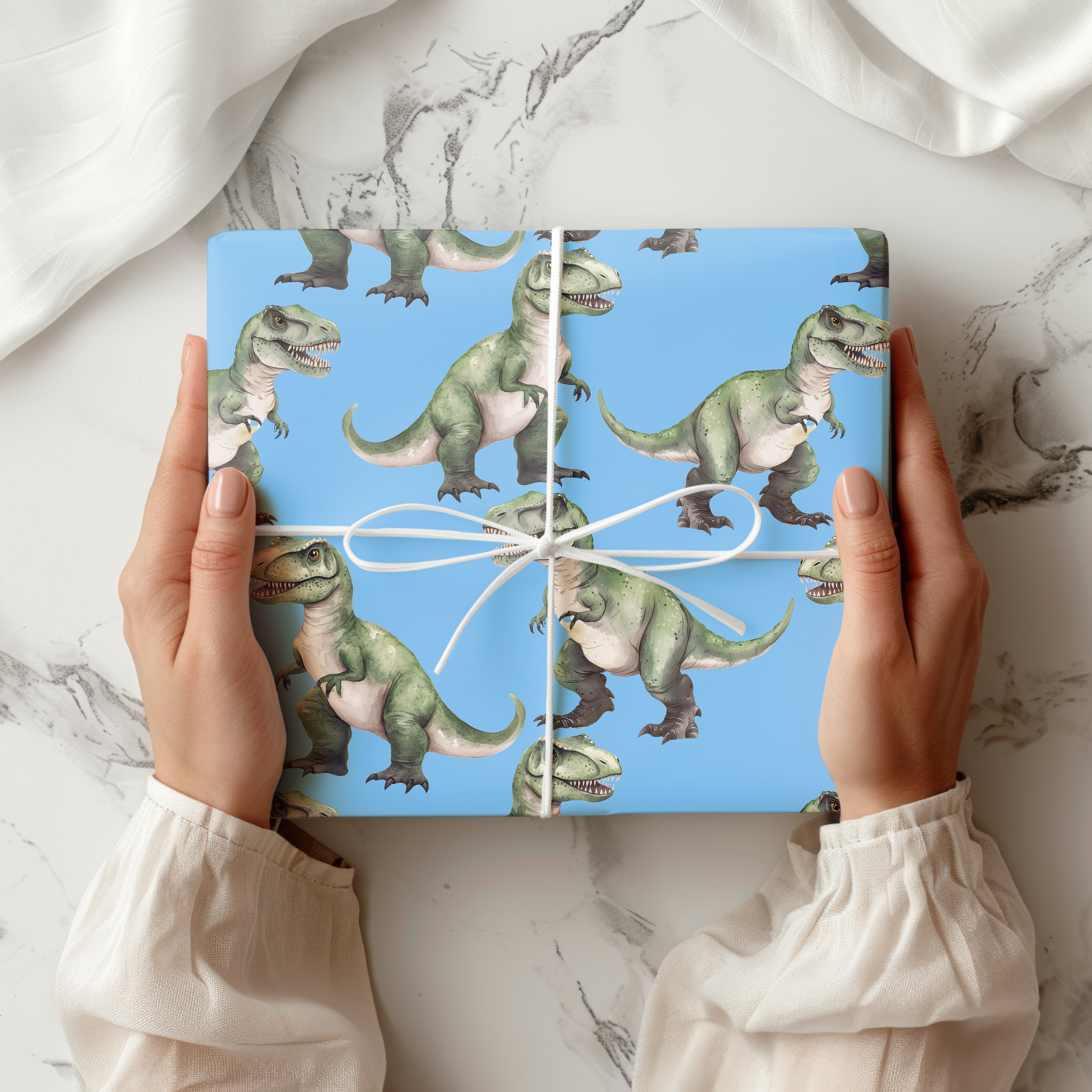 T-Rex Dinosaur Wrapping Paper Sheet – Watercolour Gift Wrap with Tyrannosaurus Rex for Boys' Birthdays