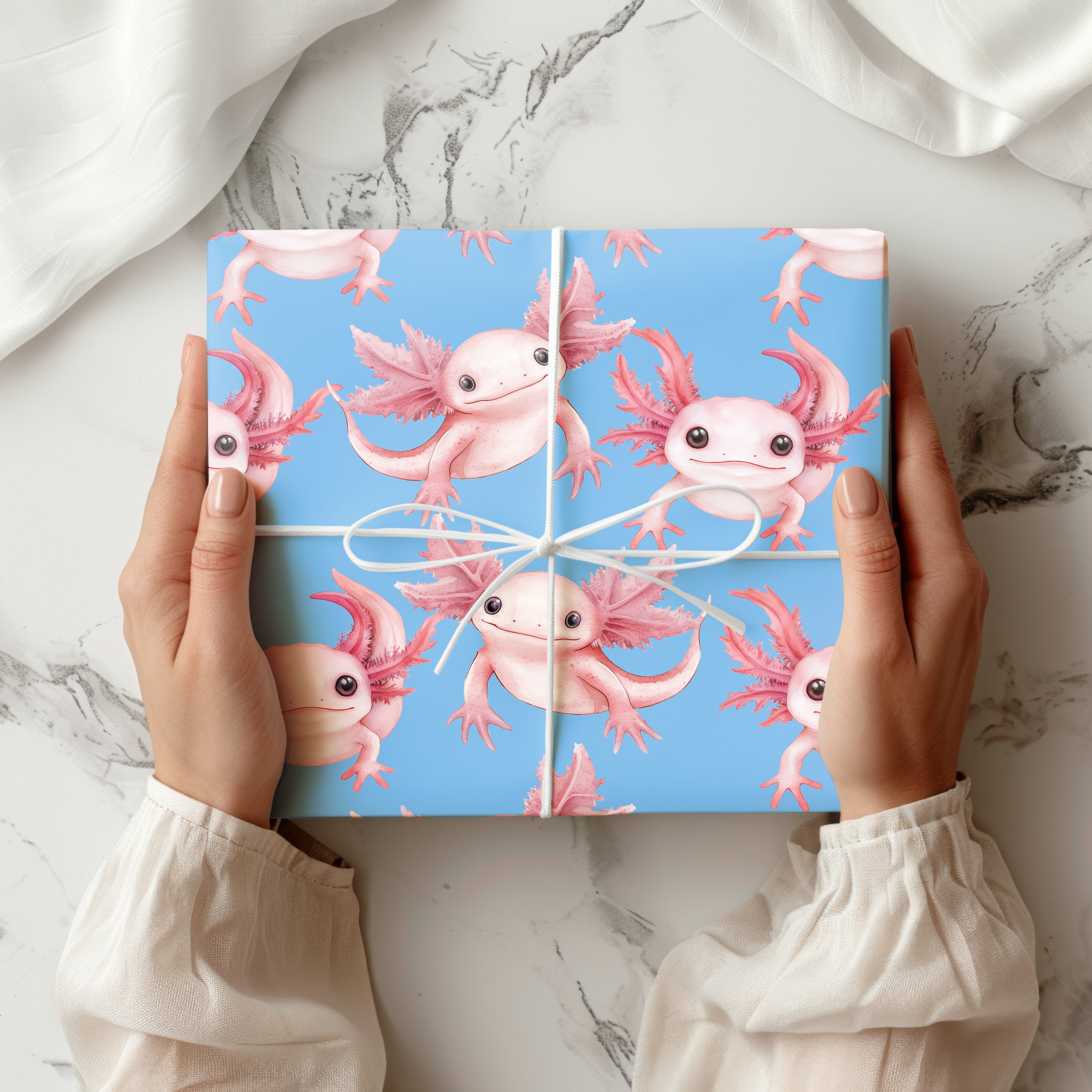 Cute Axolotl Wrapping Paper Sheet – Watercolour Gift Wrap for Kids' Birthdays