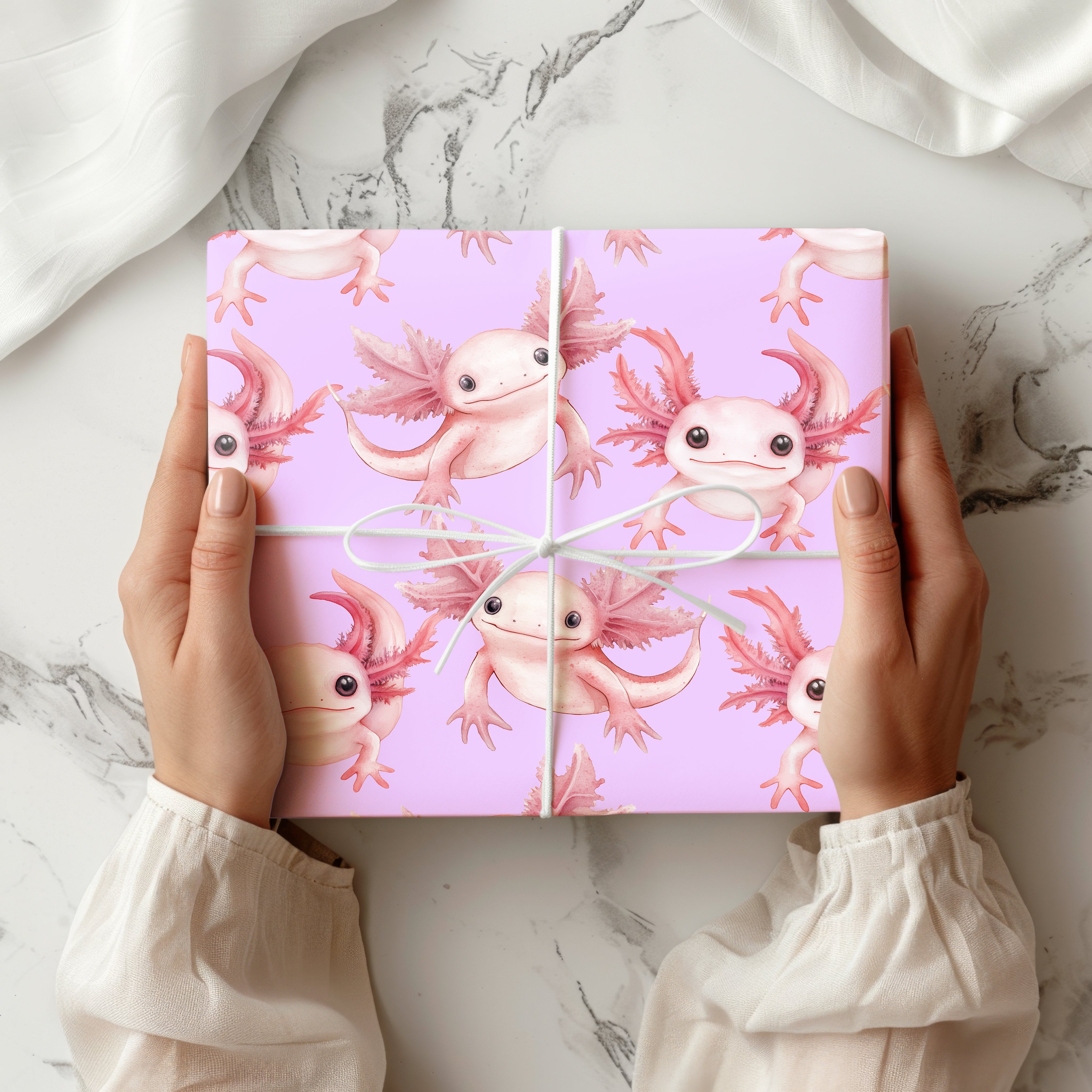 Cute Axolotl Wrapping Paper Sheet – Watercolour Gift Wrap for Kids' Birthdays