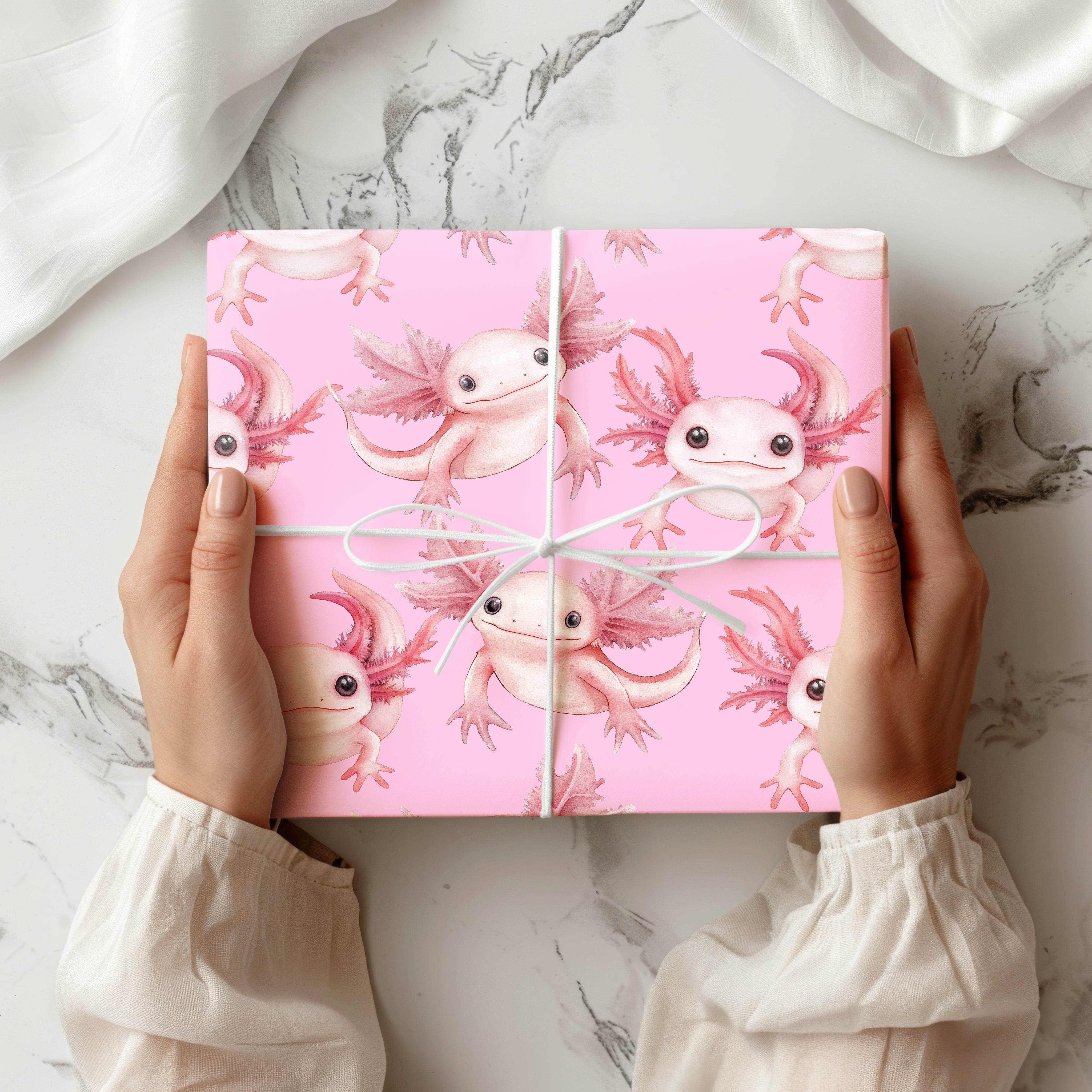 Cute Axolotl Wrapping Paper Sheet – Watercolour Gift Wrap for Kids' Birthdays