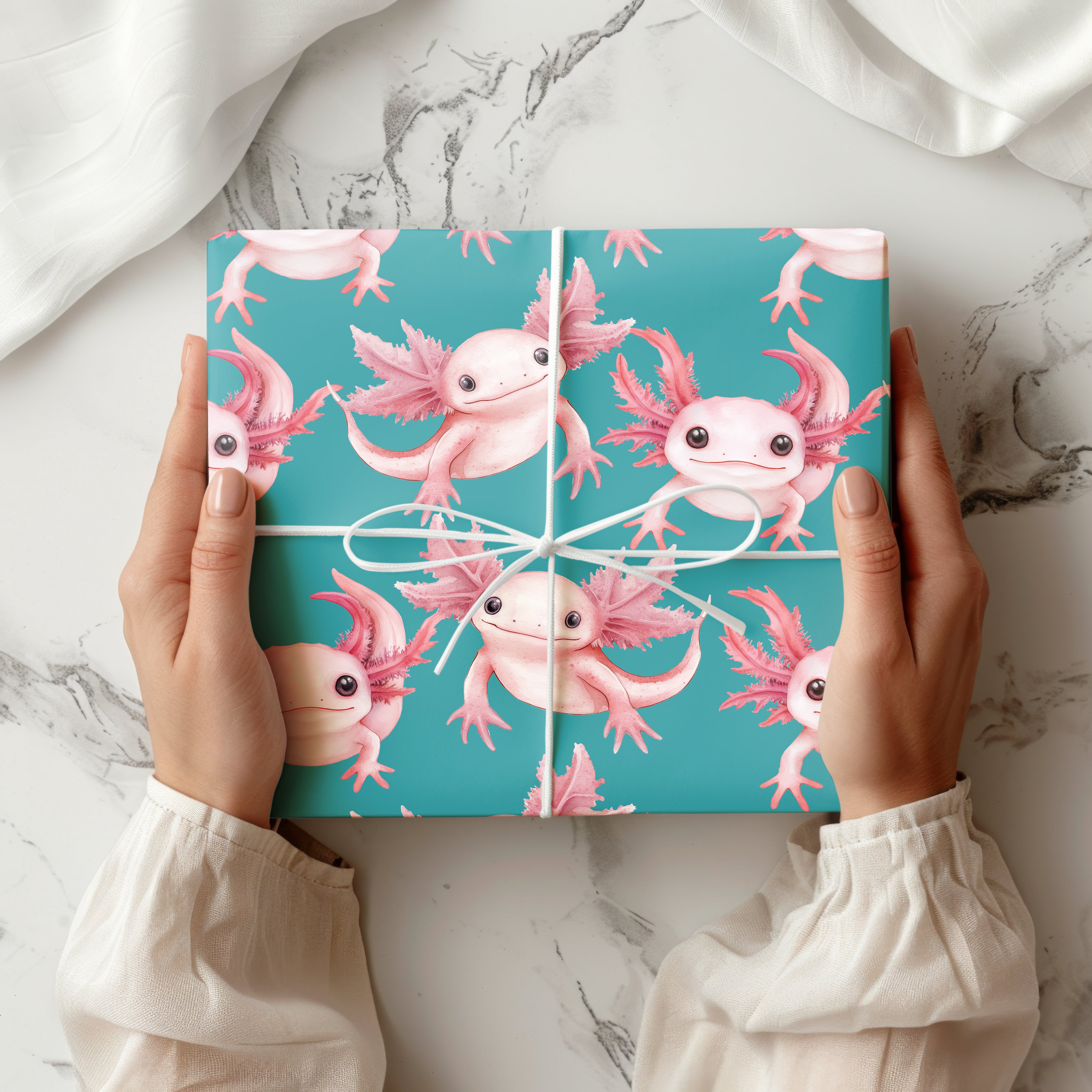 Cute Axolotl Wrapping Paper Sheet – Watercolour Gift Wrap for Kids' Birthdays