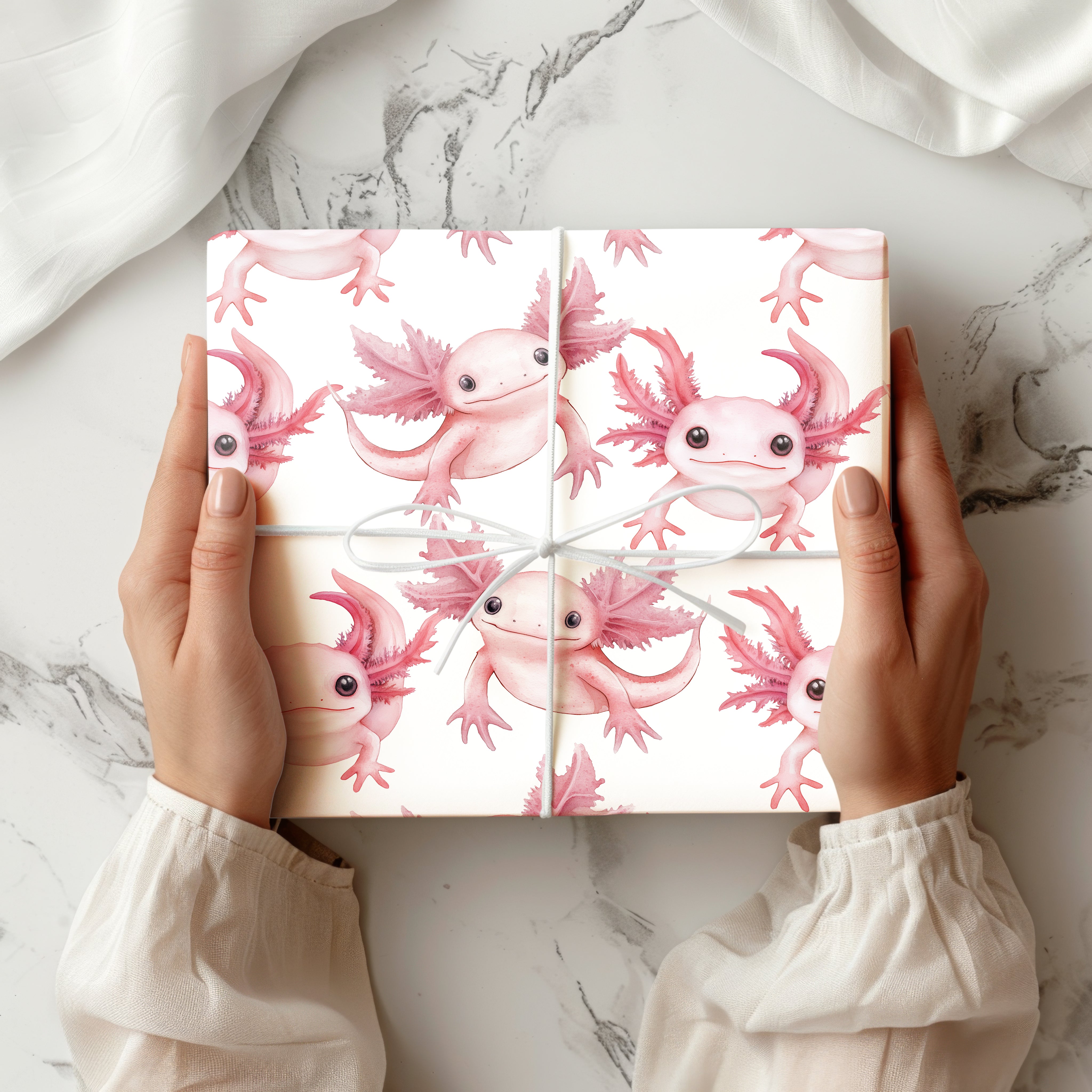 Cute Axolotl Wrapping Paper Sheet – Watercolour Gift Wrap for Kids' Birthdays