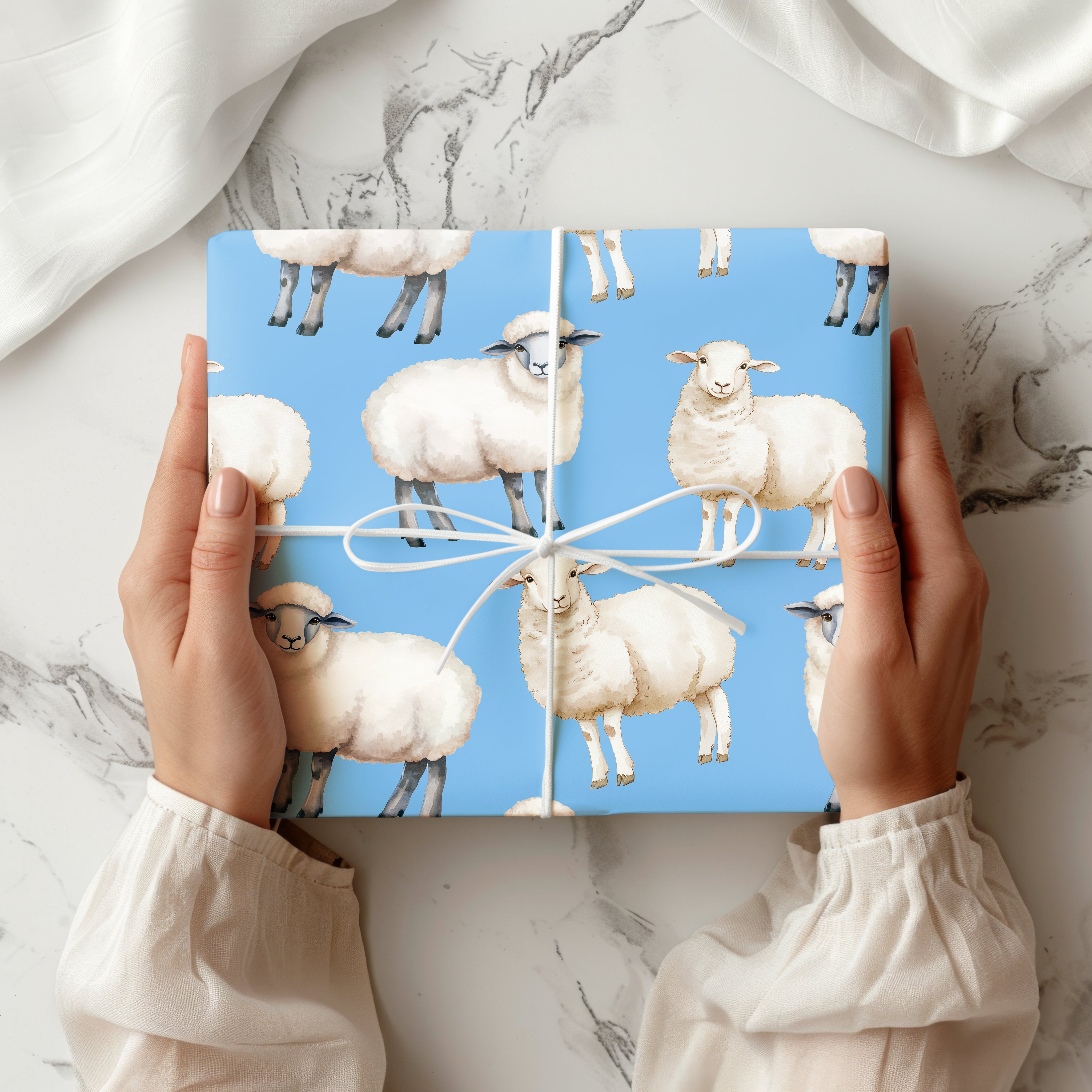 Cute Sheep Wrapping Paper Sheet – Watercolour Gift Wrap with Lambs for a Farm-Themed Party or Nursery