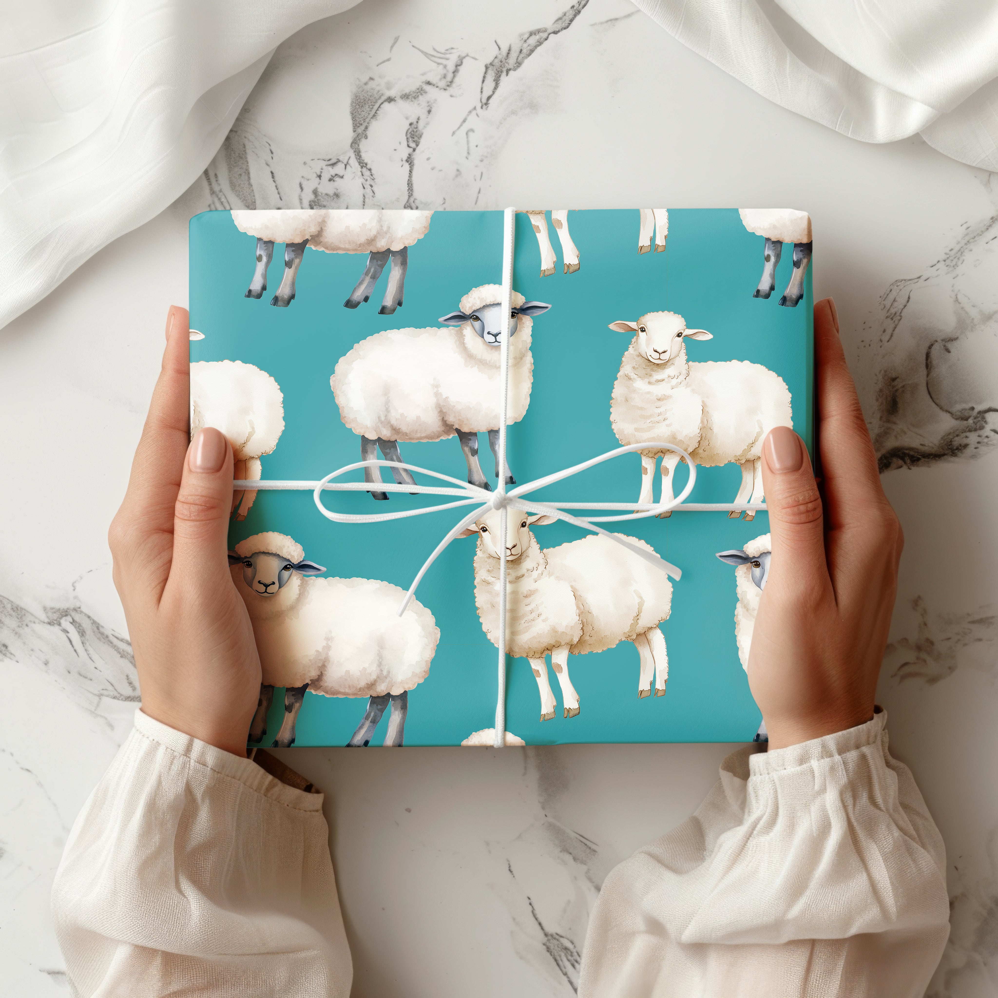 Cute Sheep Wrapping Paper Sheet – Watercolour Gift Wrap with Lambs for a Farm-Themed Party or Nursery