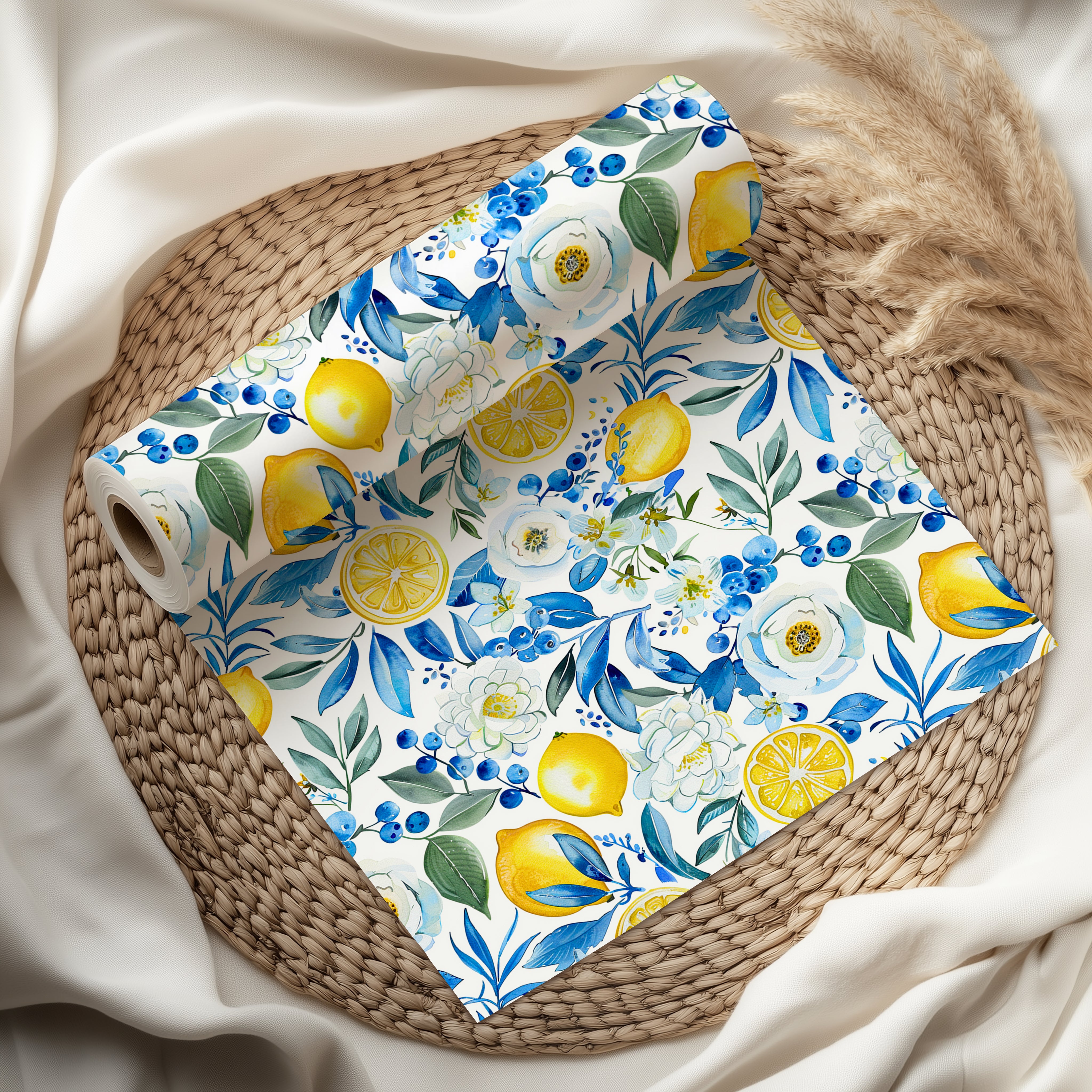 Watercolour Lemon Wrapping Paper Sheet – Botanical Gift Wrap with Blue Flowers for Summer Parties