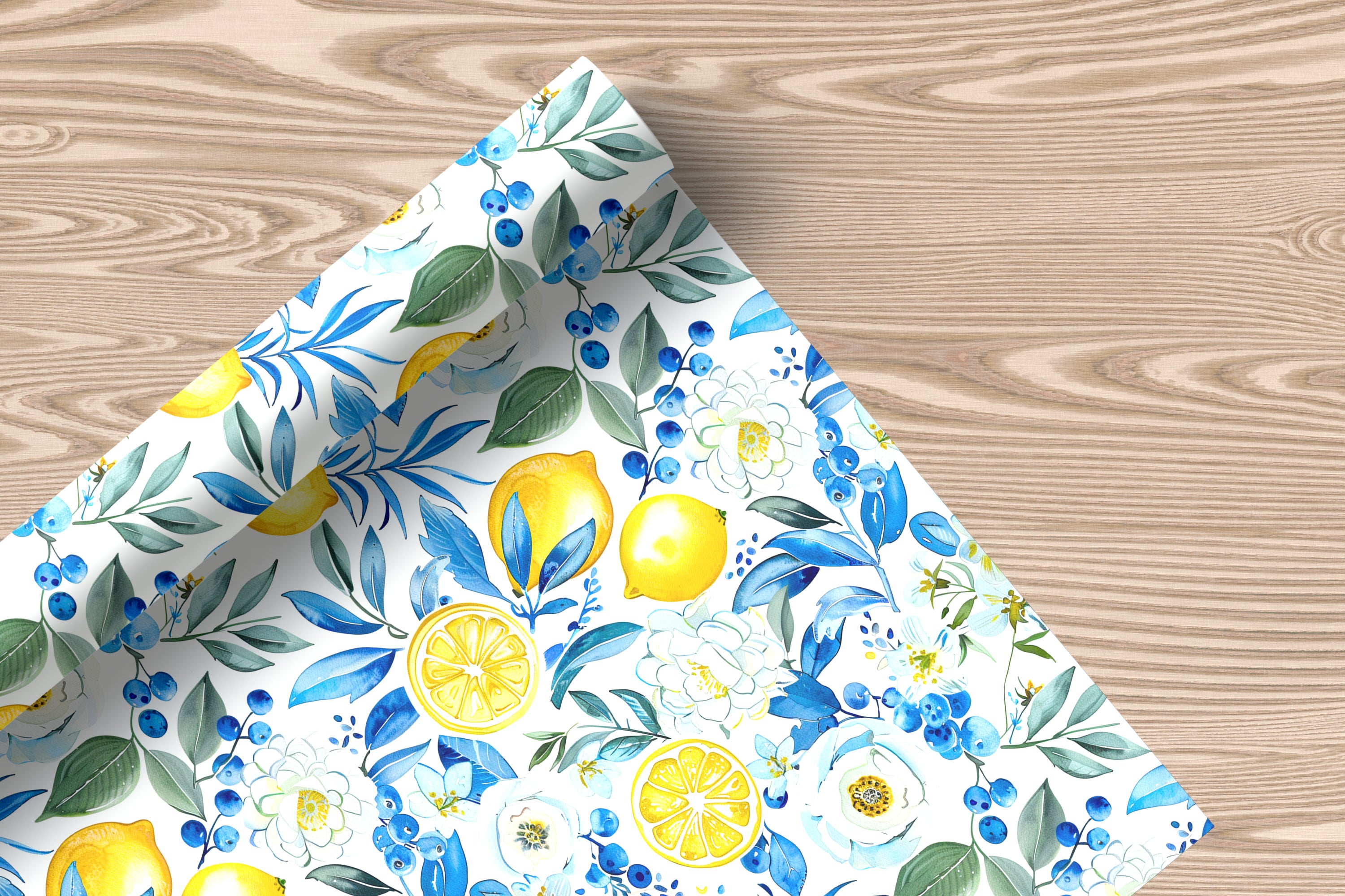 Watercolour Lemon Wrapping Paper Sheet – Botanical Gift Wrap with Blue Flowers for Summer Parties