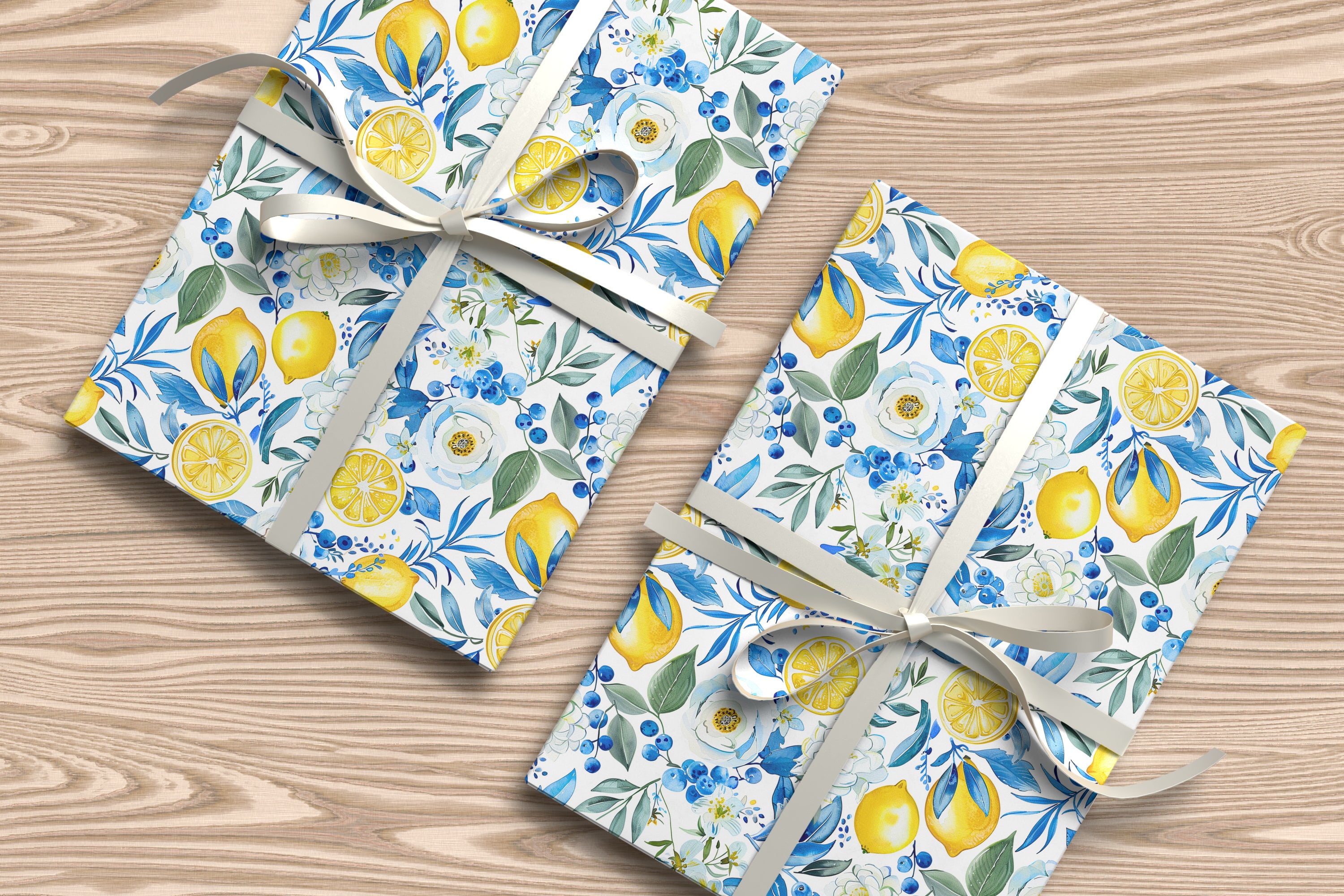 Watercolour Lemon Wrapping Paper Sheet – Botanical Gift Wrap with Blue Flowers for Summer Parties