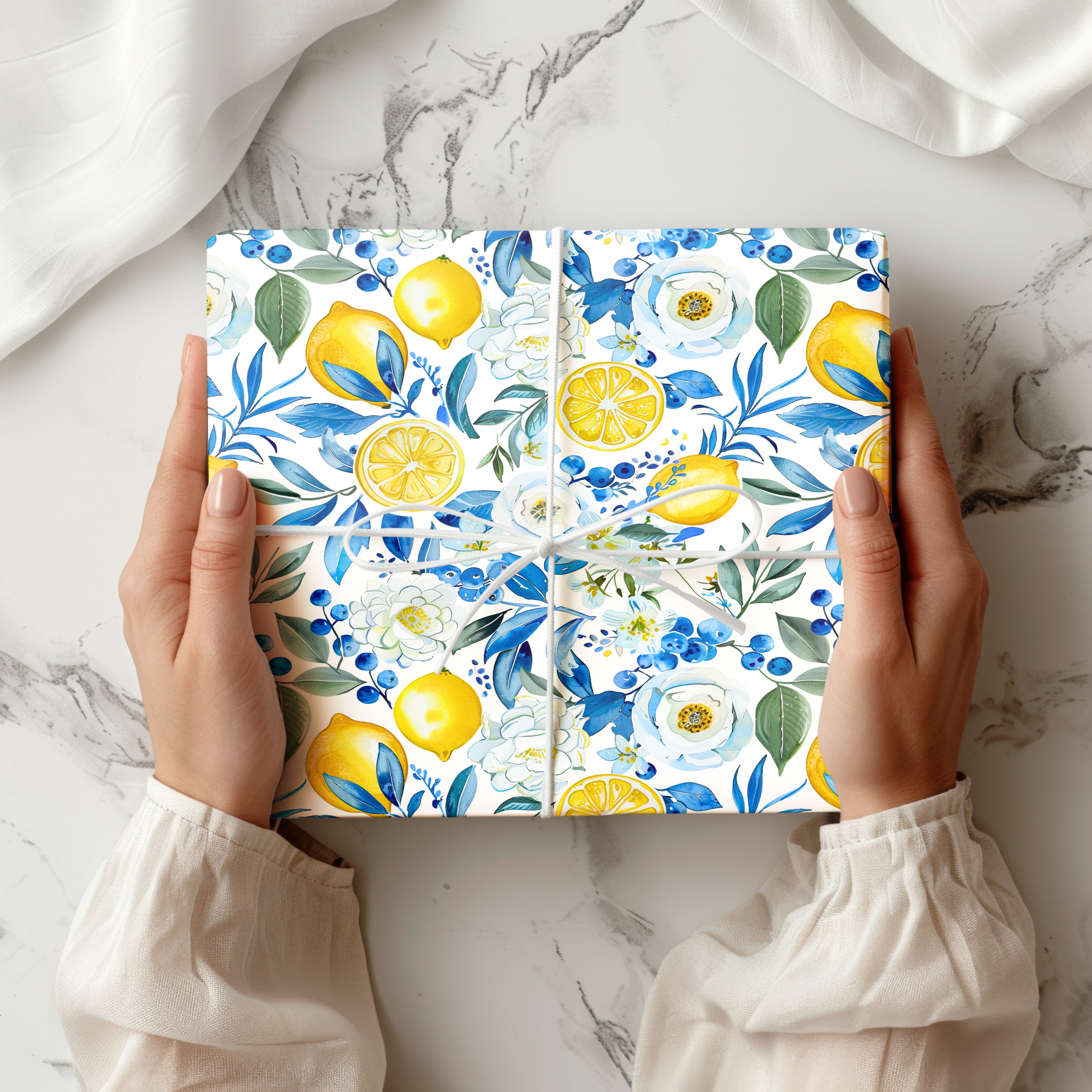 Watercolour Lemon Wrapping Paper Sheet – Botanical Gift Wrap with Blue Flowers for Summer Parties
