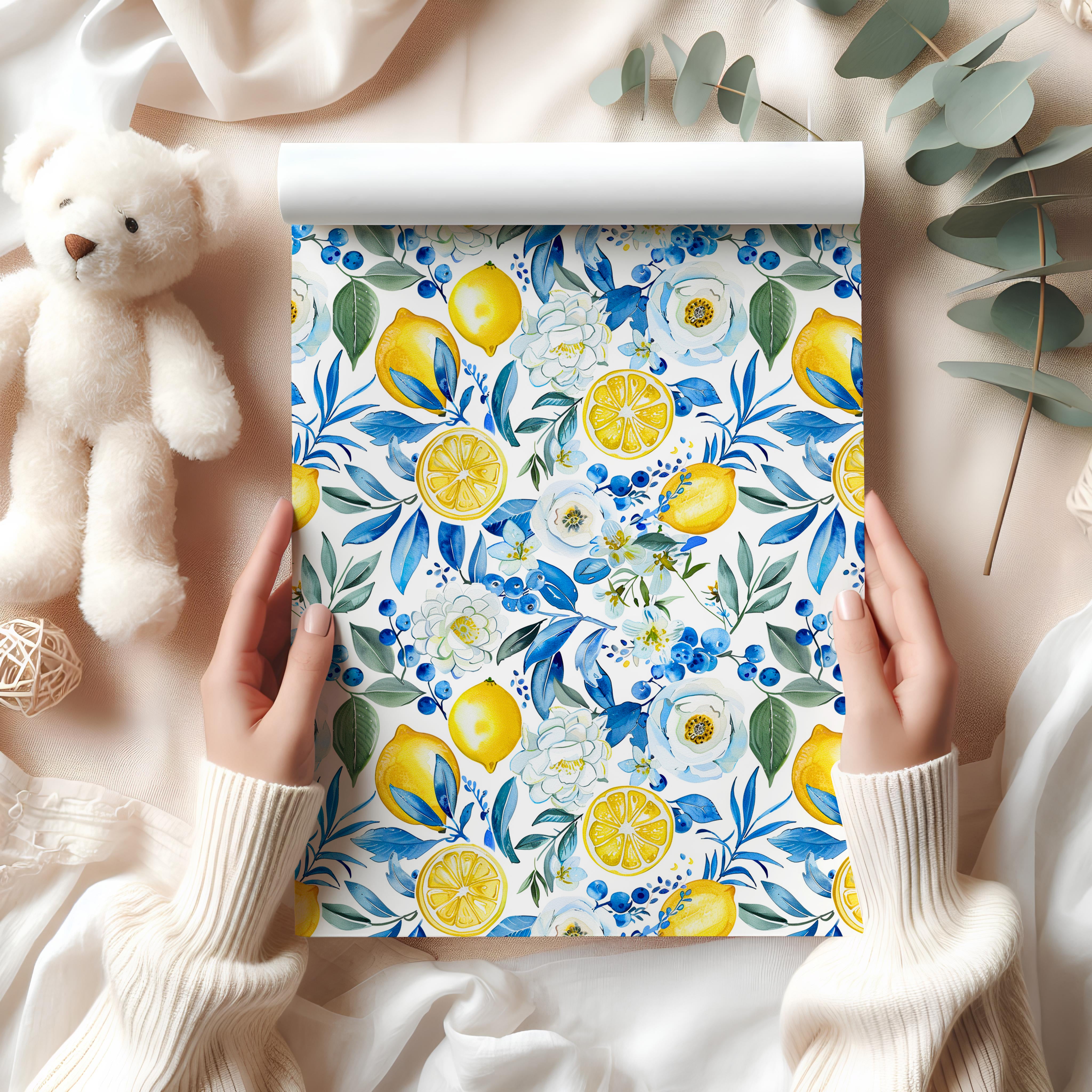 Watercolour Lemon Wrapping Paper Sheet – Botanical Gift Wrap with Blue Flowers for Summer Parties