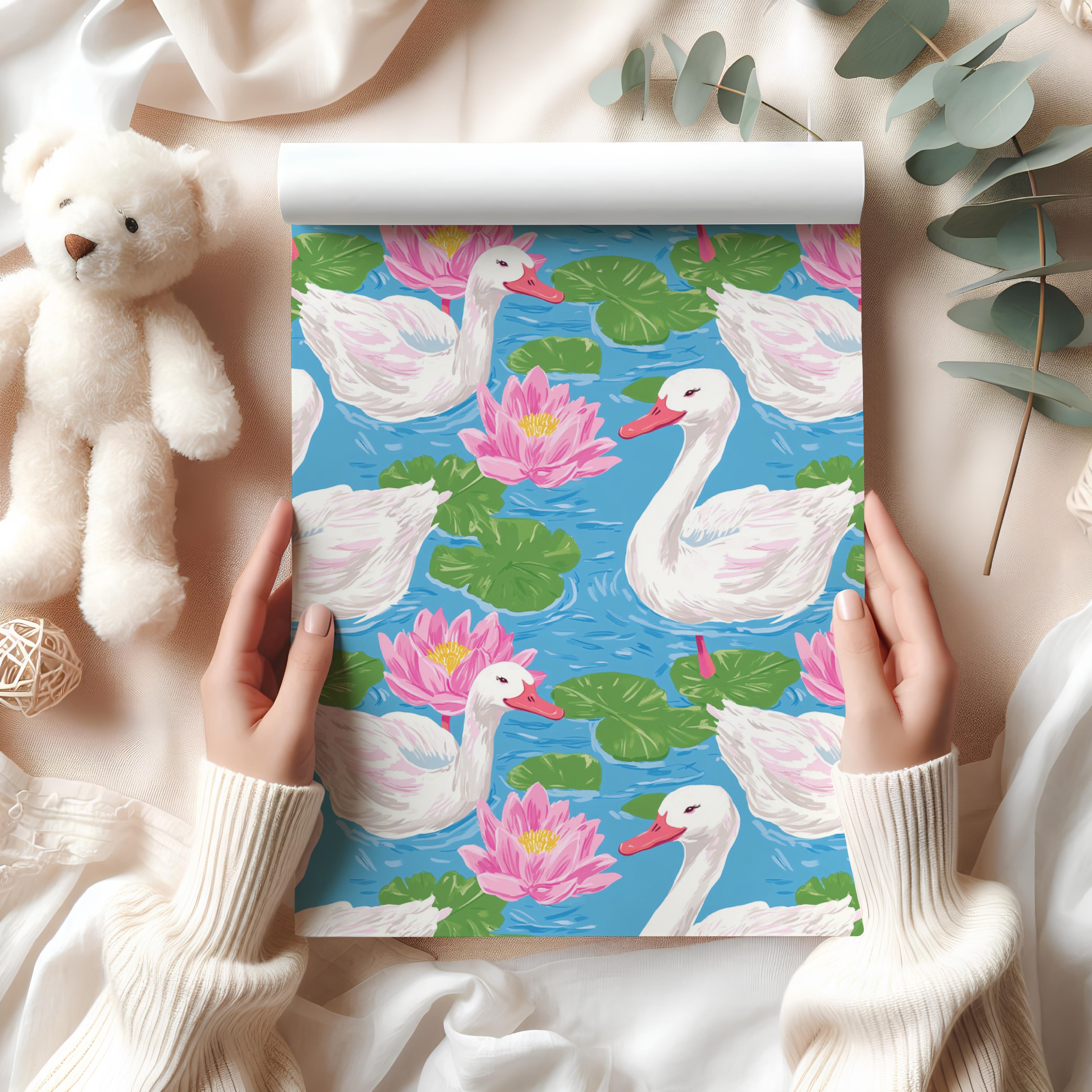 Watercolour Swan Wrapping Paper Sheet – Elegant Gift Wrap with Water Lilies for Garden Parties or Bird Lovers