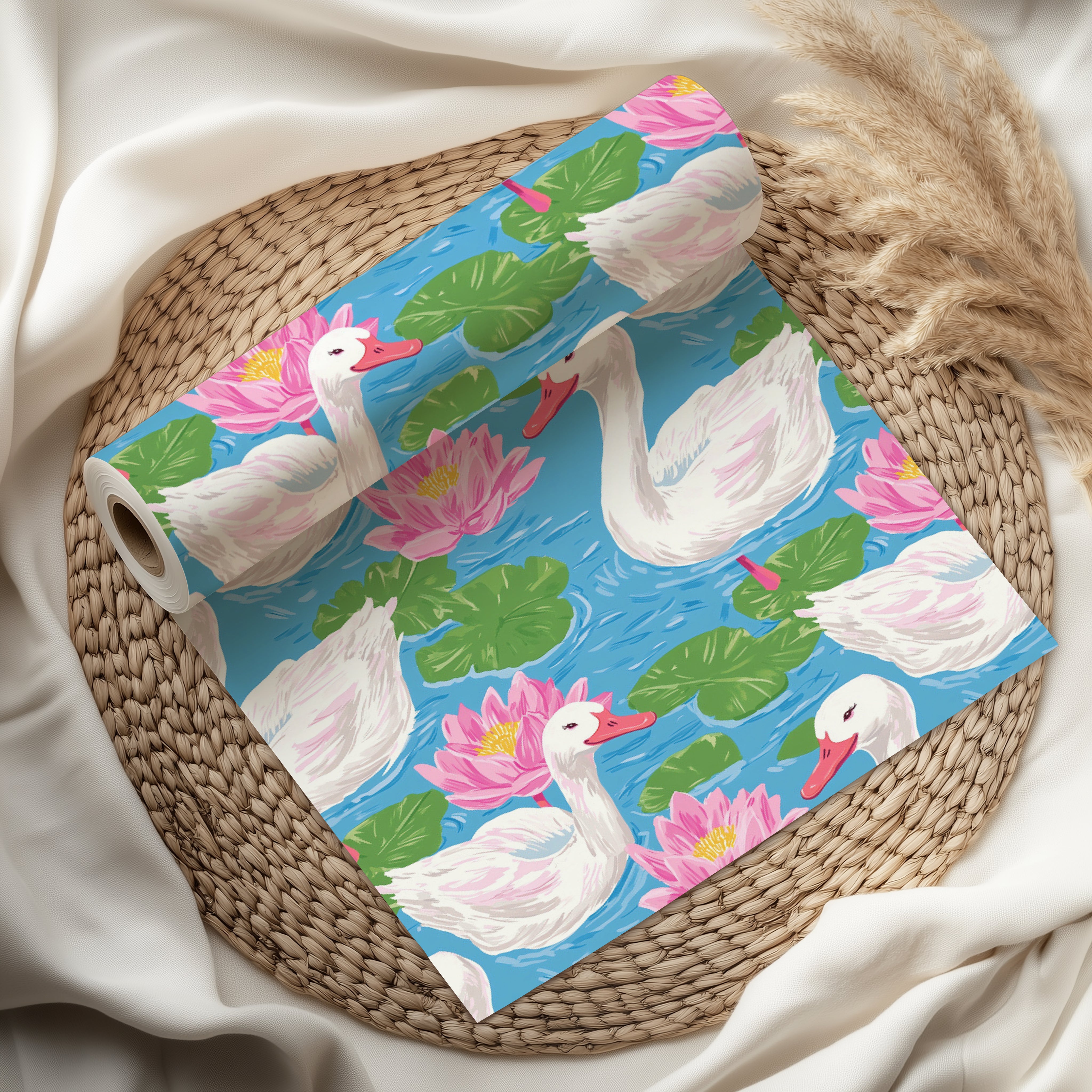Watercolour Swan Wrapping Paper Sheet – Elegant Gift Wrap with Water Lilies for Garden Parties or Bird Lovers