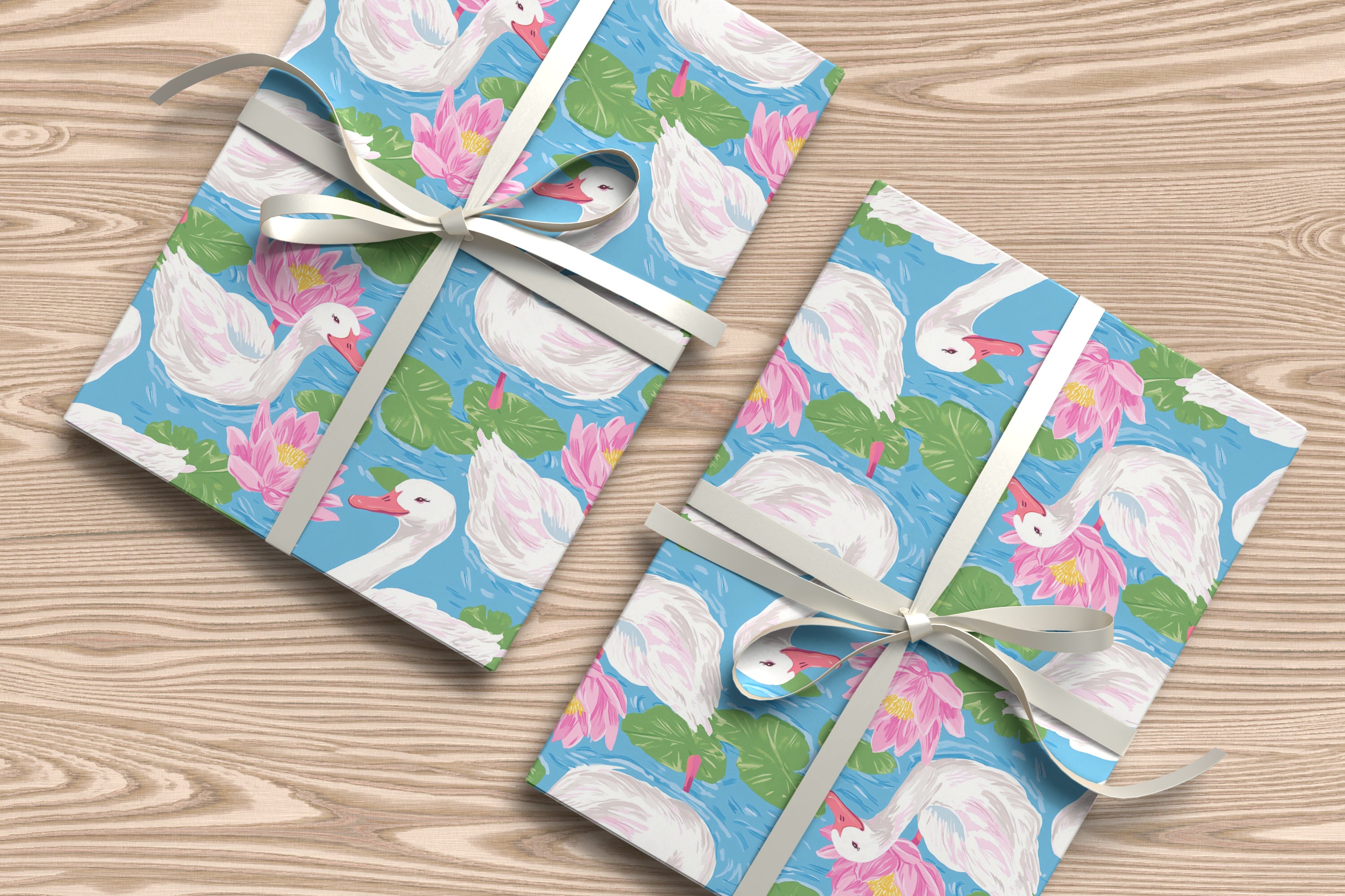 Watercolour Swan Wrapping Paper Sheet – Elegant Gift Wrap with Water Lilies for Garden Parties or Bird Lovers