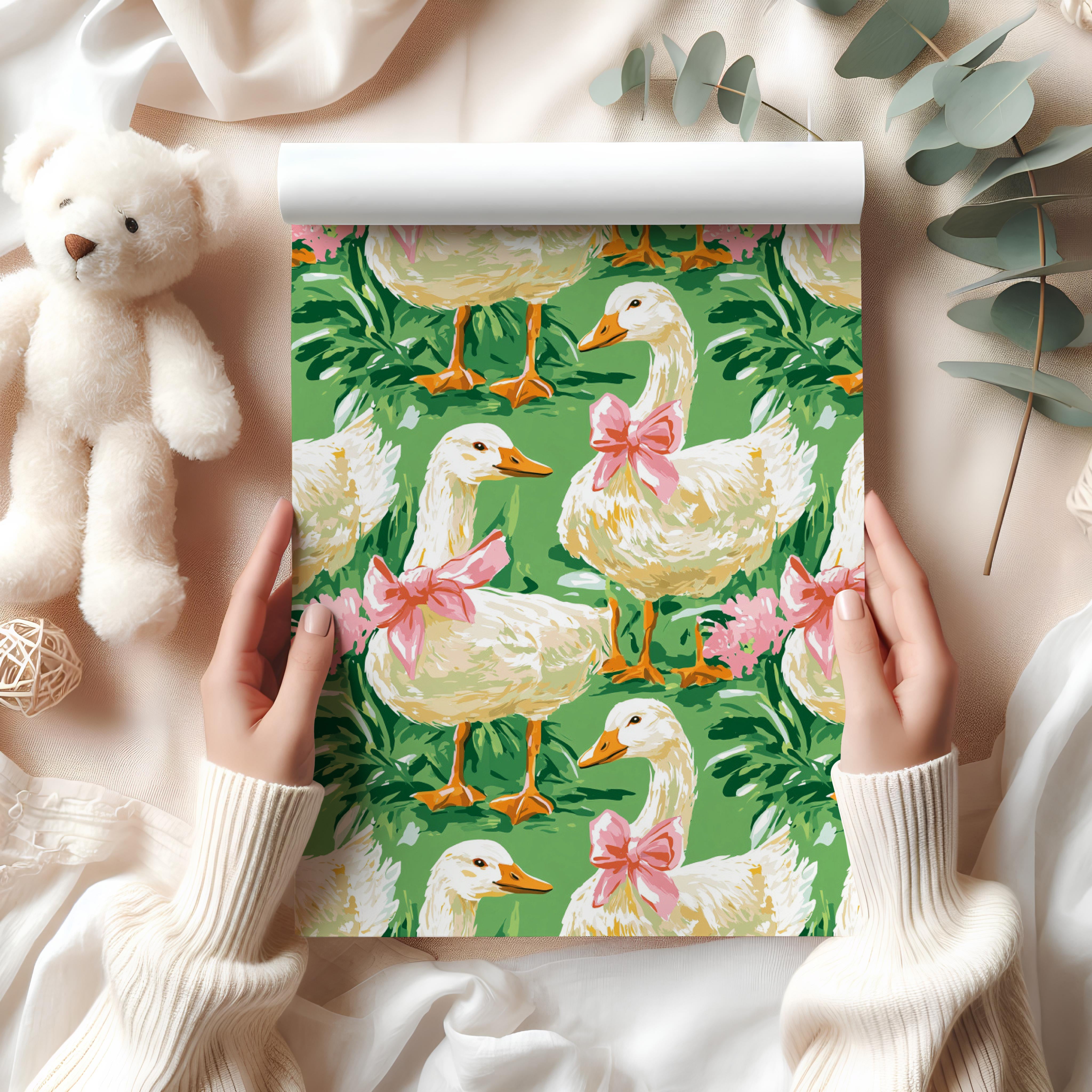 Cute Goose Wrapping Paper Sheet – Watercolour Gift Wrap with Pink Bows for Spring or Garden Parties, Green
