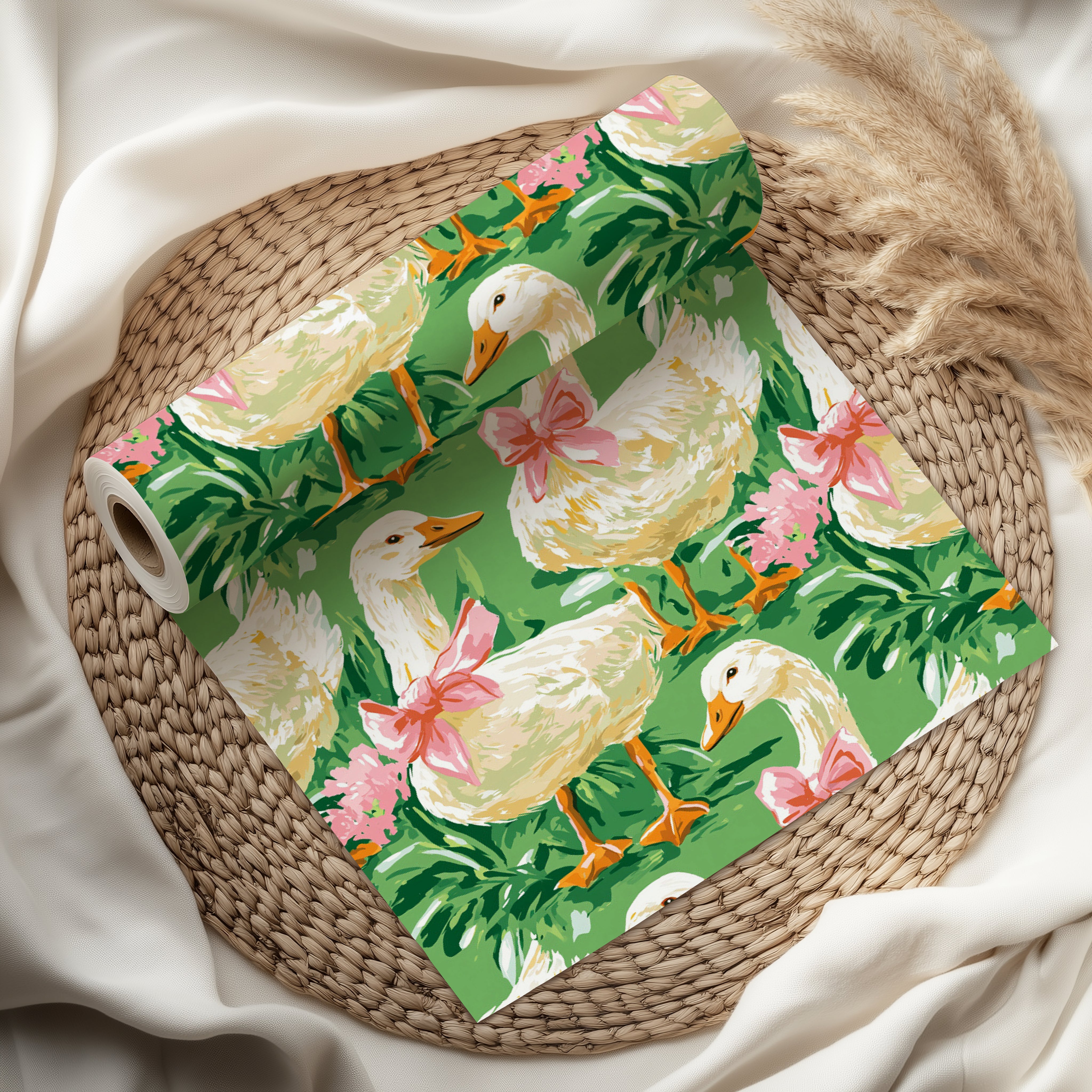 Cute Goose Wrapping Paper Sheet – Watercolour Gift Wrap with Pink Bows for Spring or Garden Parties, Green
