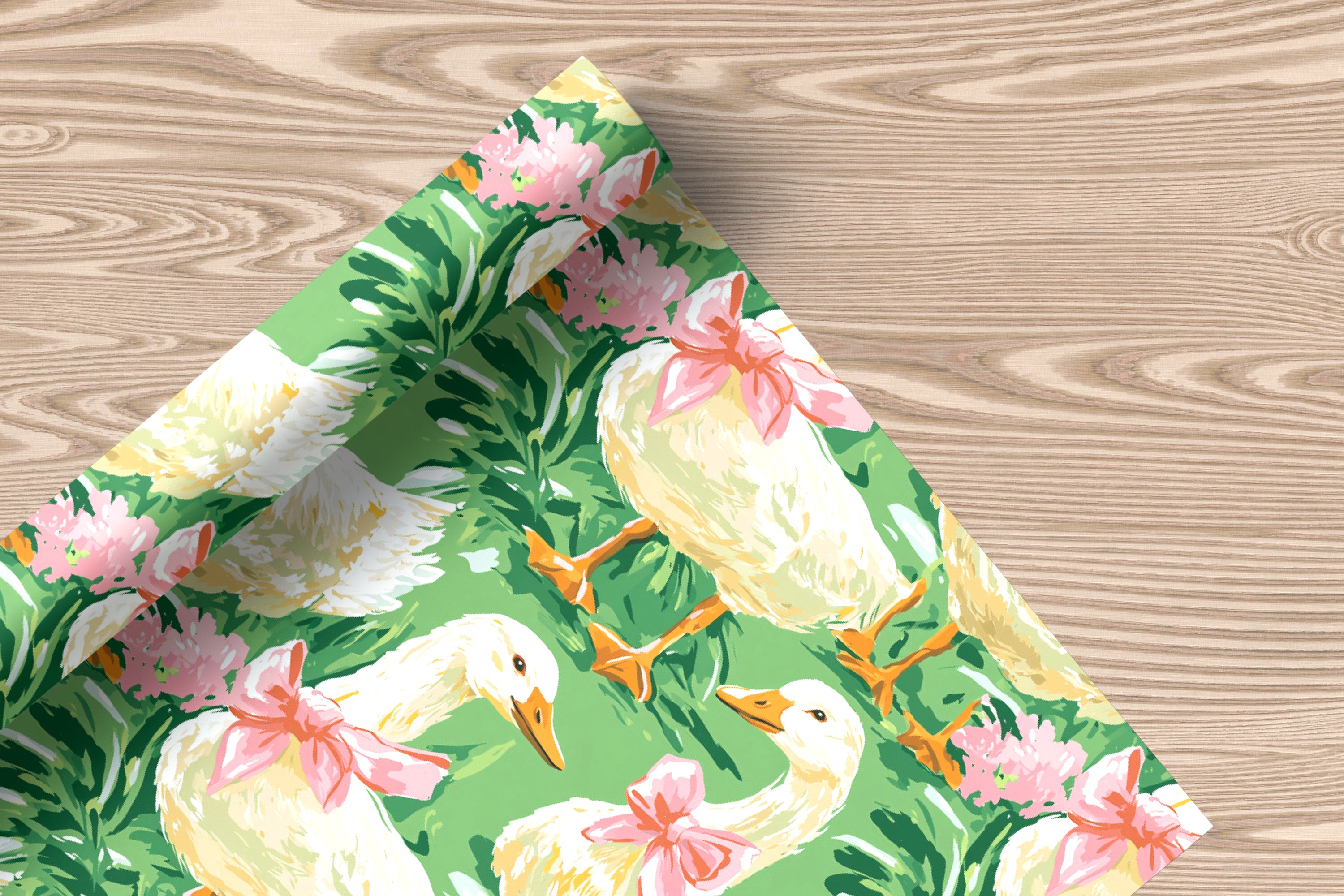 Cute Goose Wrapping Paper Sheet – Watercolour Gift Wrap with Pink Bows for Spring or Garden Parties, Green