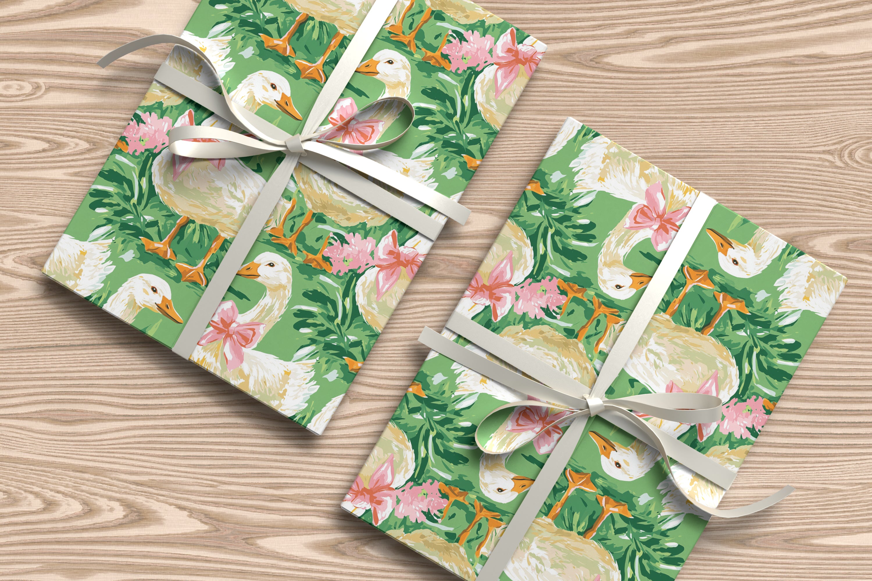 Cute Goose Wrapping Paper Sheet – Watercolour Gift Wrap with Pink Bows for Spring or Garden Parties, Green